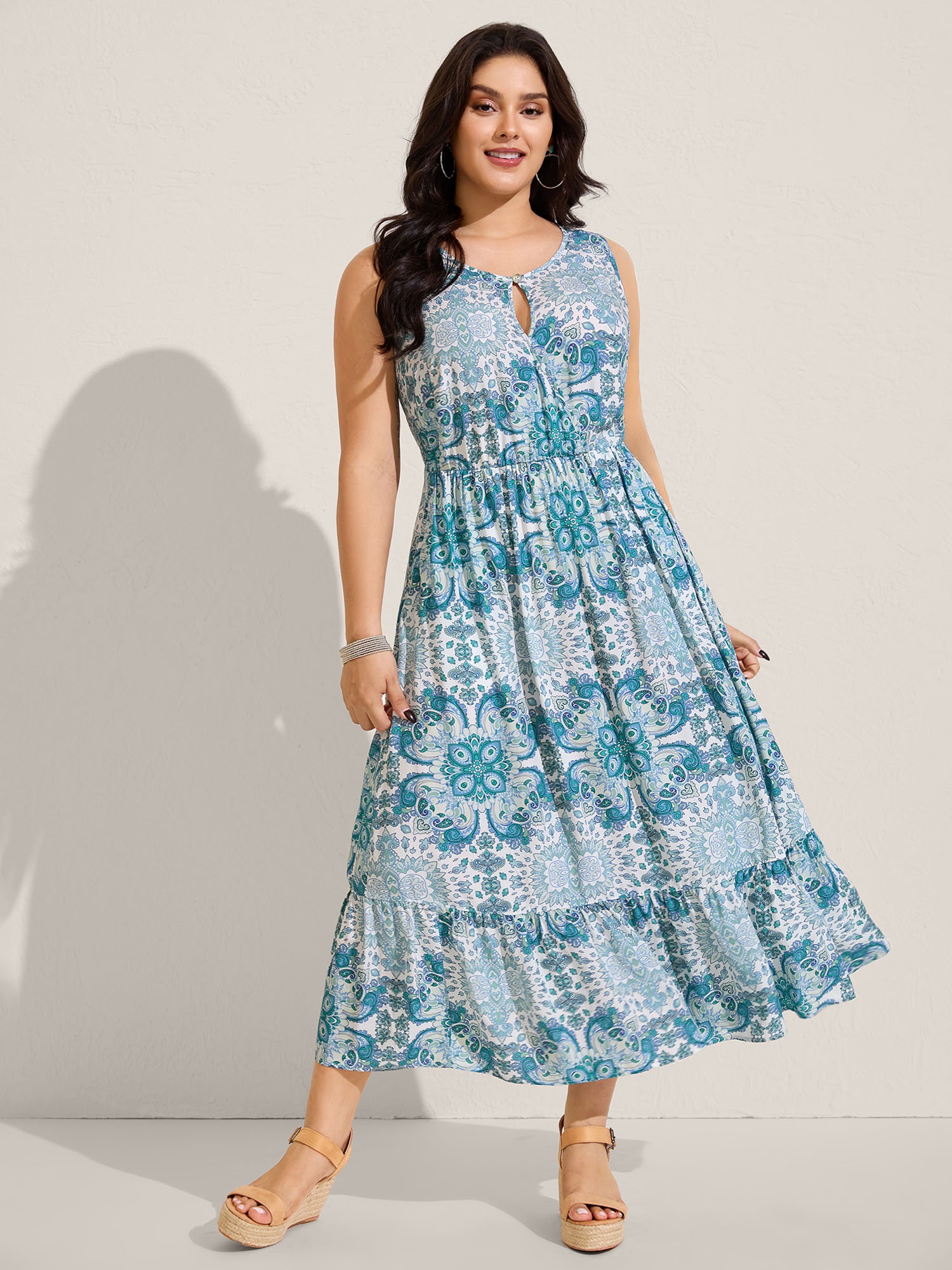 BloomChic Women's Plus Size Rayon Paisley Print Layered Maxi Dress Arctic Ethnic Floral Midi Vacation Cut-Out 10/M
