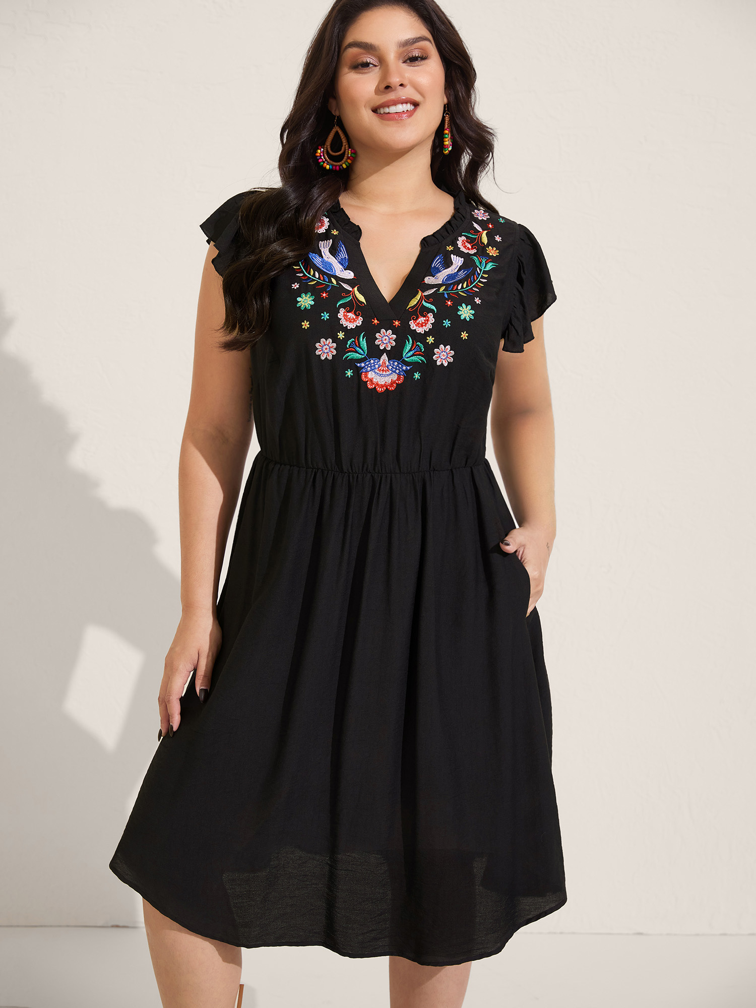 Bloomchic Floral Embroidered Notched Collar Mini Dress In Black