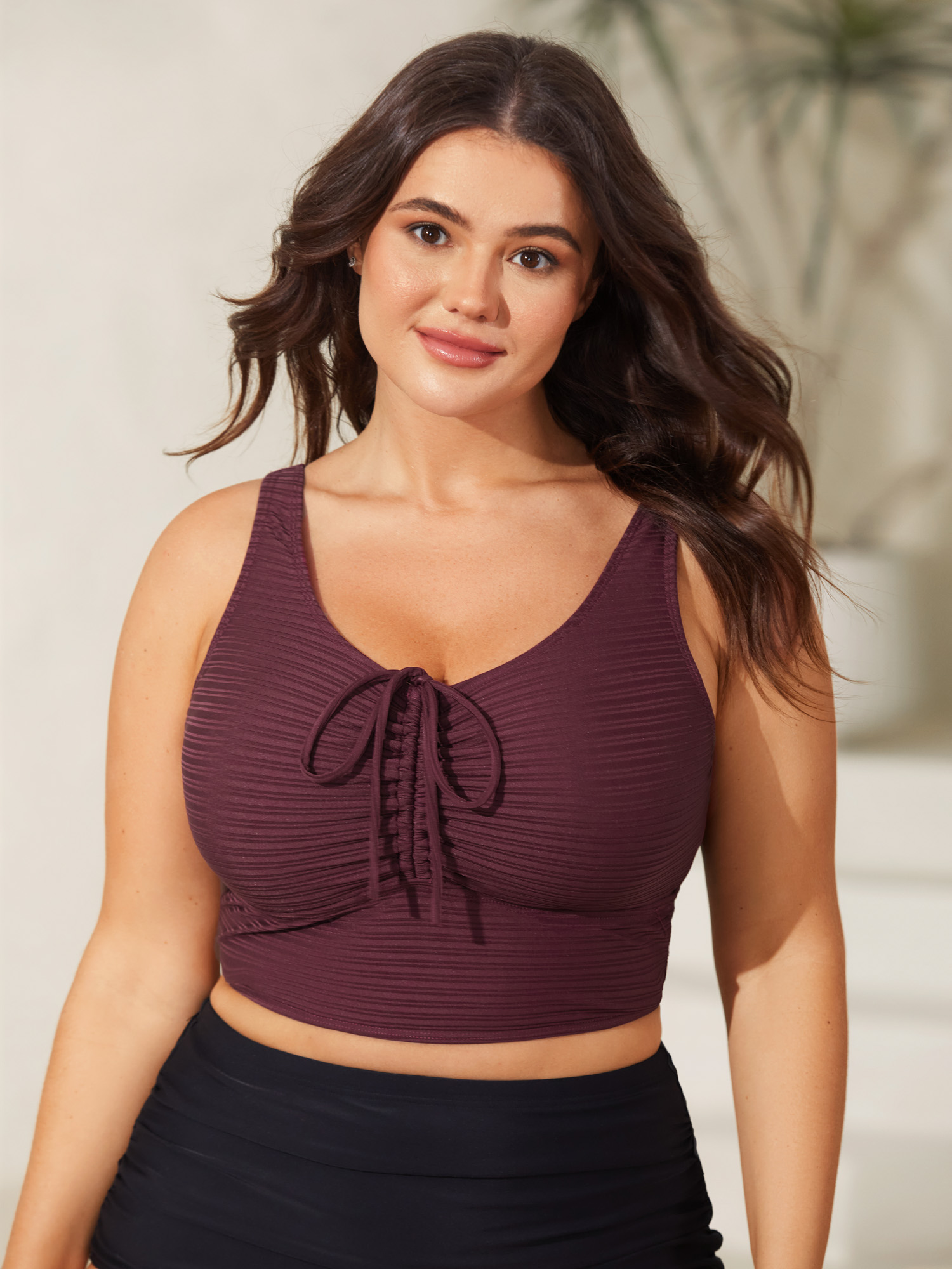 BloomChic Women's Plus Size Adjustable Drawstring Scoop Neck Swim Top Earth Red Solid Sleeveless Ruched Adaptive-Fit 28/5X