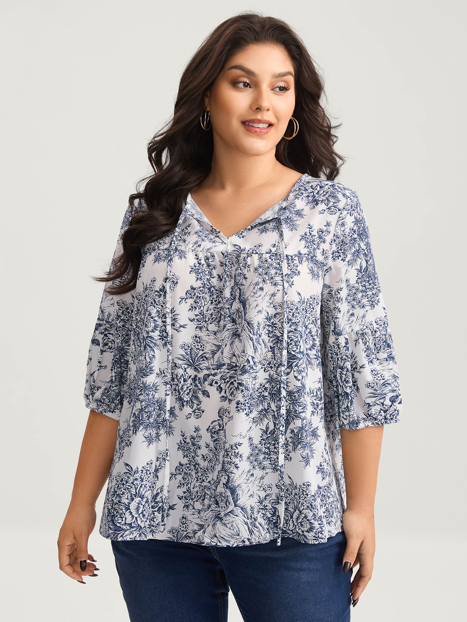 Bloomchic Women's Plus Size Artistic Print A-line Blouse Darkblue Floral Elegant 3/4 Sleeve V-neck 10/m In Blue