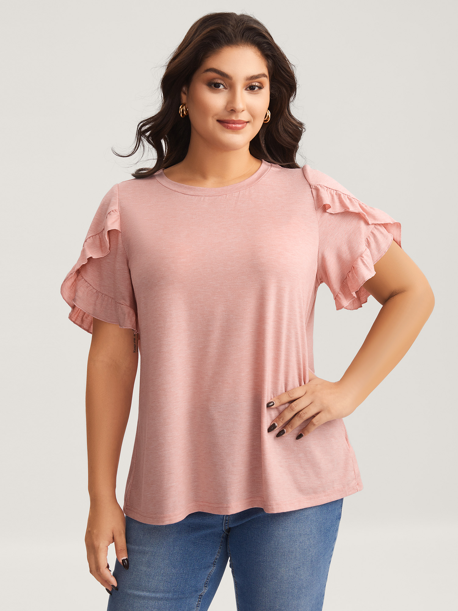 BloomChic Women's Plus Size Ruffled Petal Sleeve Solid Knit Top Zephyr Short sleeve Everyday-Elegant Round Neck 10/M