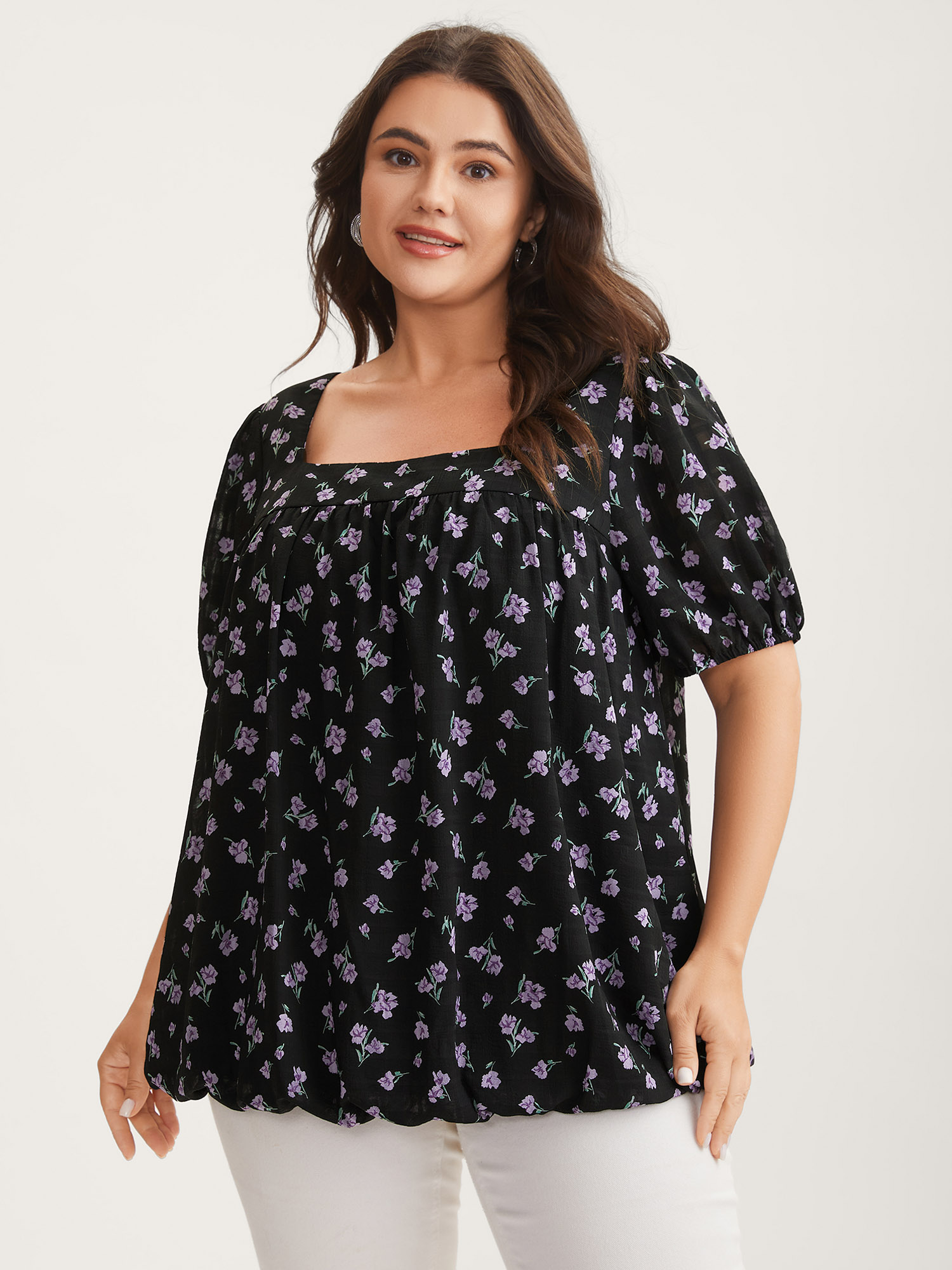 Bloomchic Women's Plus Size Floral Fiesta Pleated Square Neck Blouse Black Floral Elegant Short Sleeve 12/l