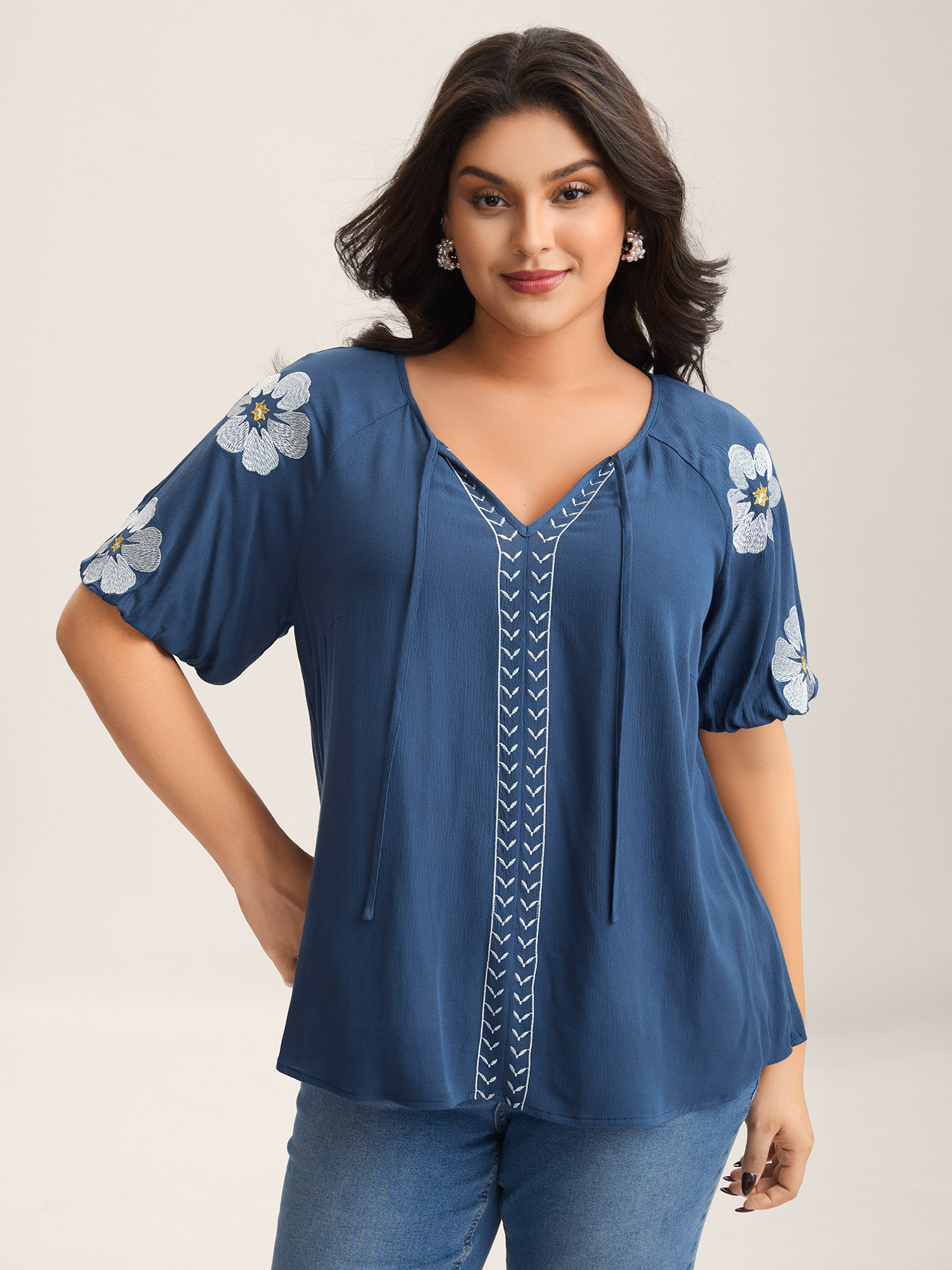 Bloomchic Women's Plus Size Floral Embroidery Textured Neck Tie Blouse Darkblue Solid Vacation Short Sleeve V- In Blue