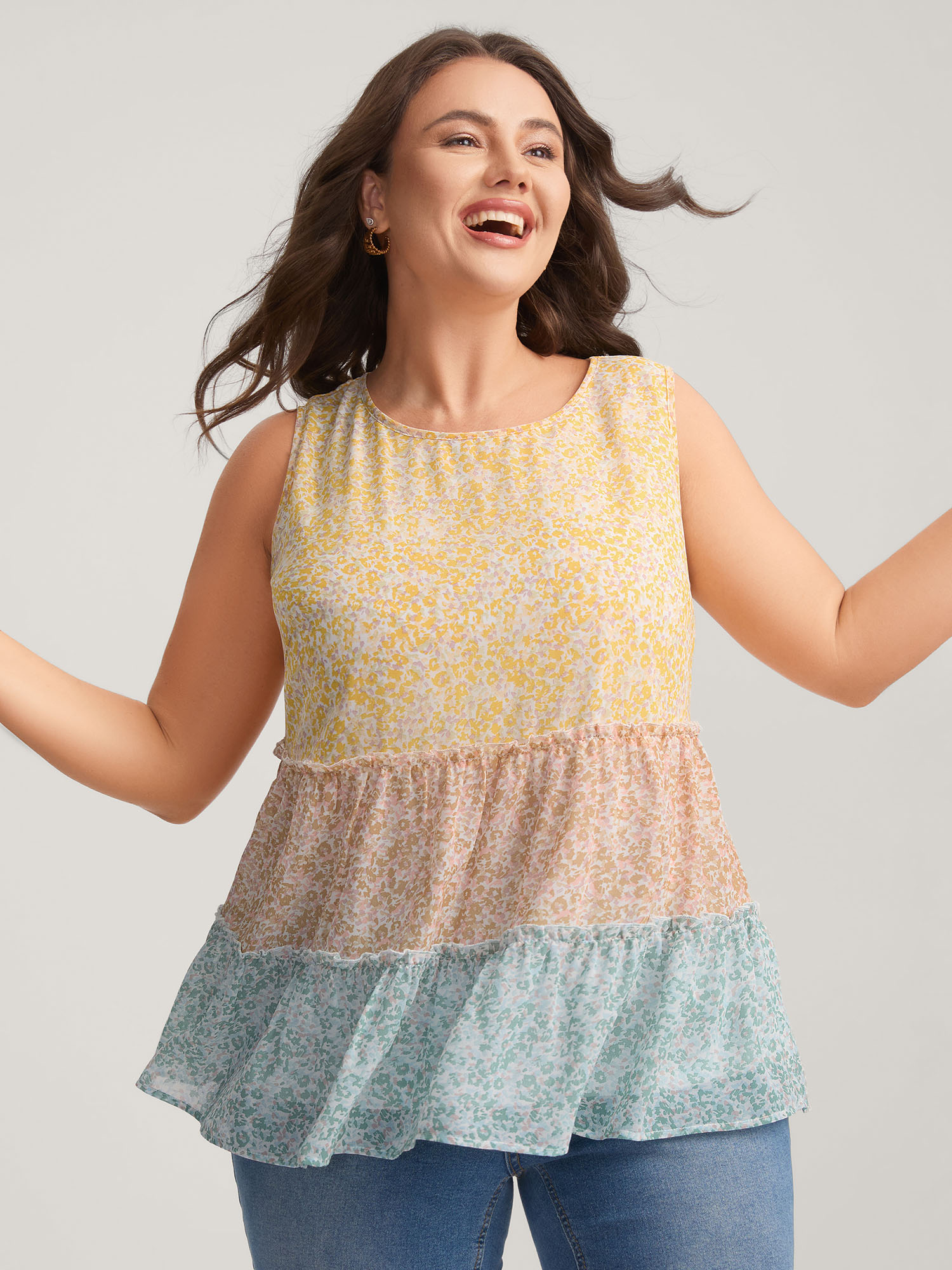 Bloomchic Women's Plus Size Chiffon Color Block Tiered Tank Top Multicolor Elegant Relaxed Fit Babydoll Round 