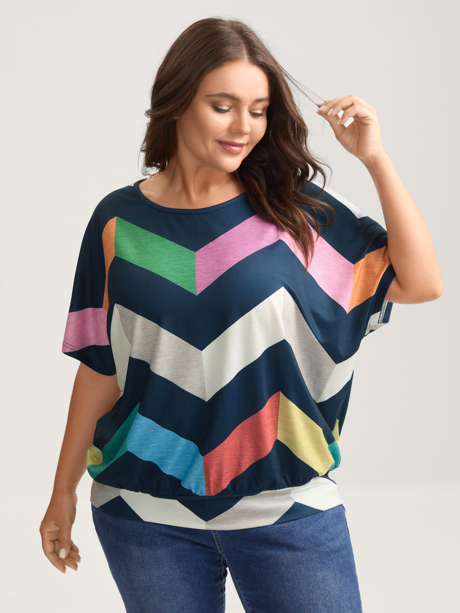 BloomChic Plus Size Color Block Wavy Print T-Shirt - Women's Multicolor Solid Round Neck Comfort Midsection Fit Long Sleeve Playful T-shirts 22-24/2X