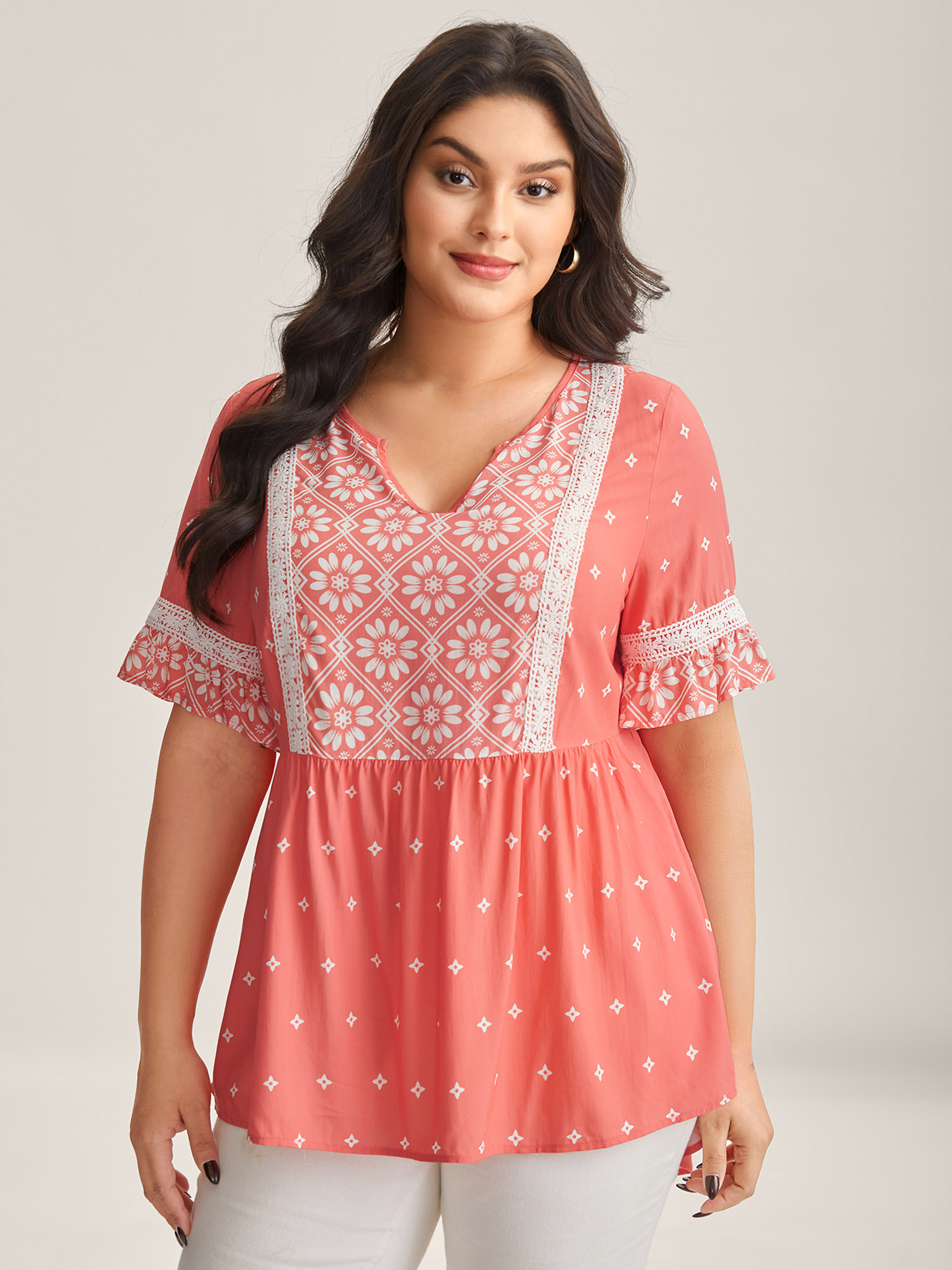 Bloomchic Women's Plus Size Boho Print Lace Babydoll Top Orangered Bohemian Print Vacation Half Sleeve 10/m