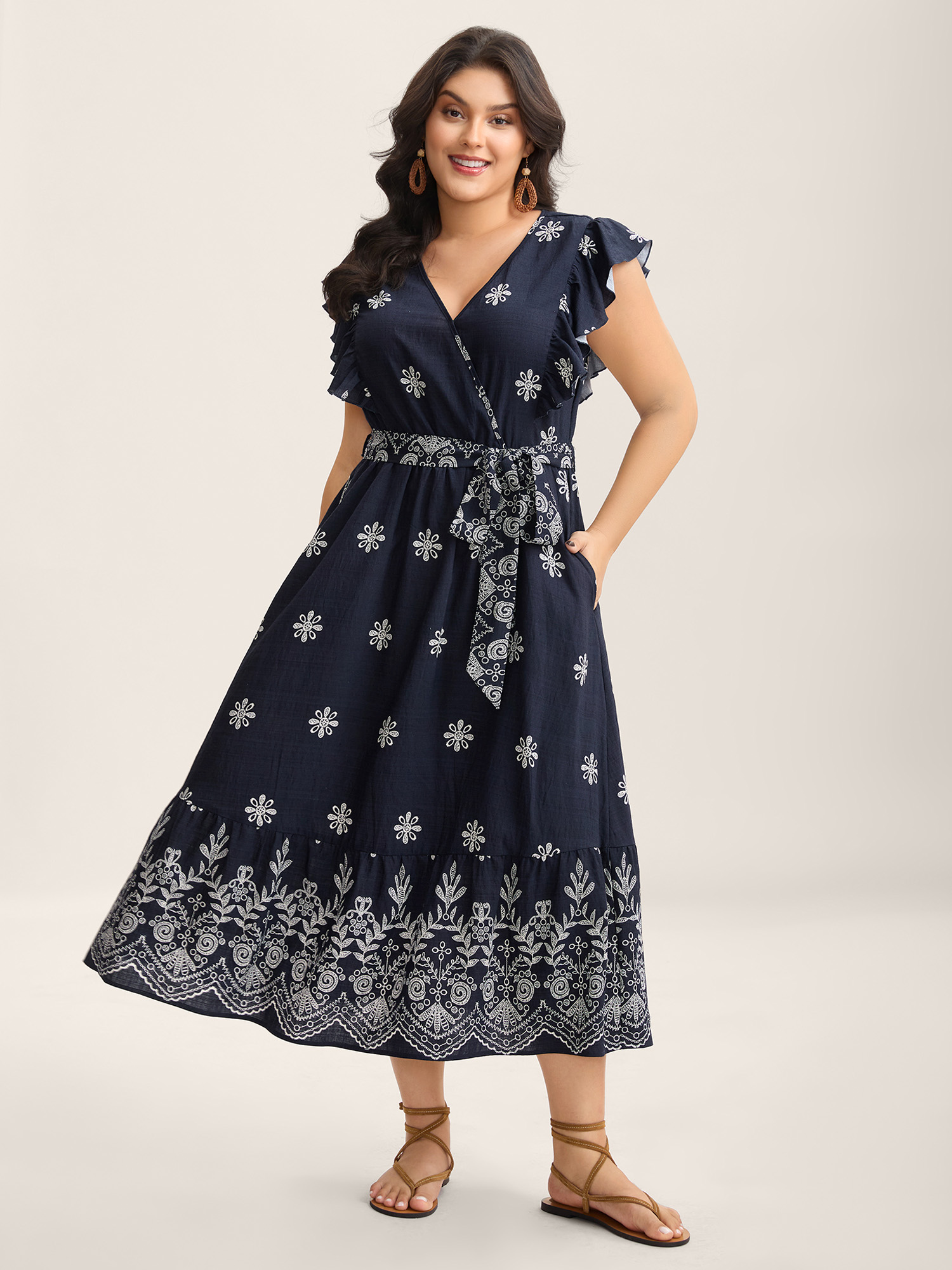 BloomChic Women's Plus Size Rayon Stretchy Waist Pockets Flutter Maxi Dress Indigo Else Midi Vacation Lace-Up 10/M