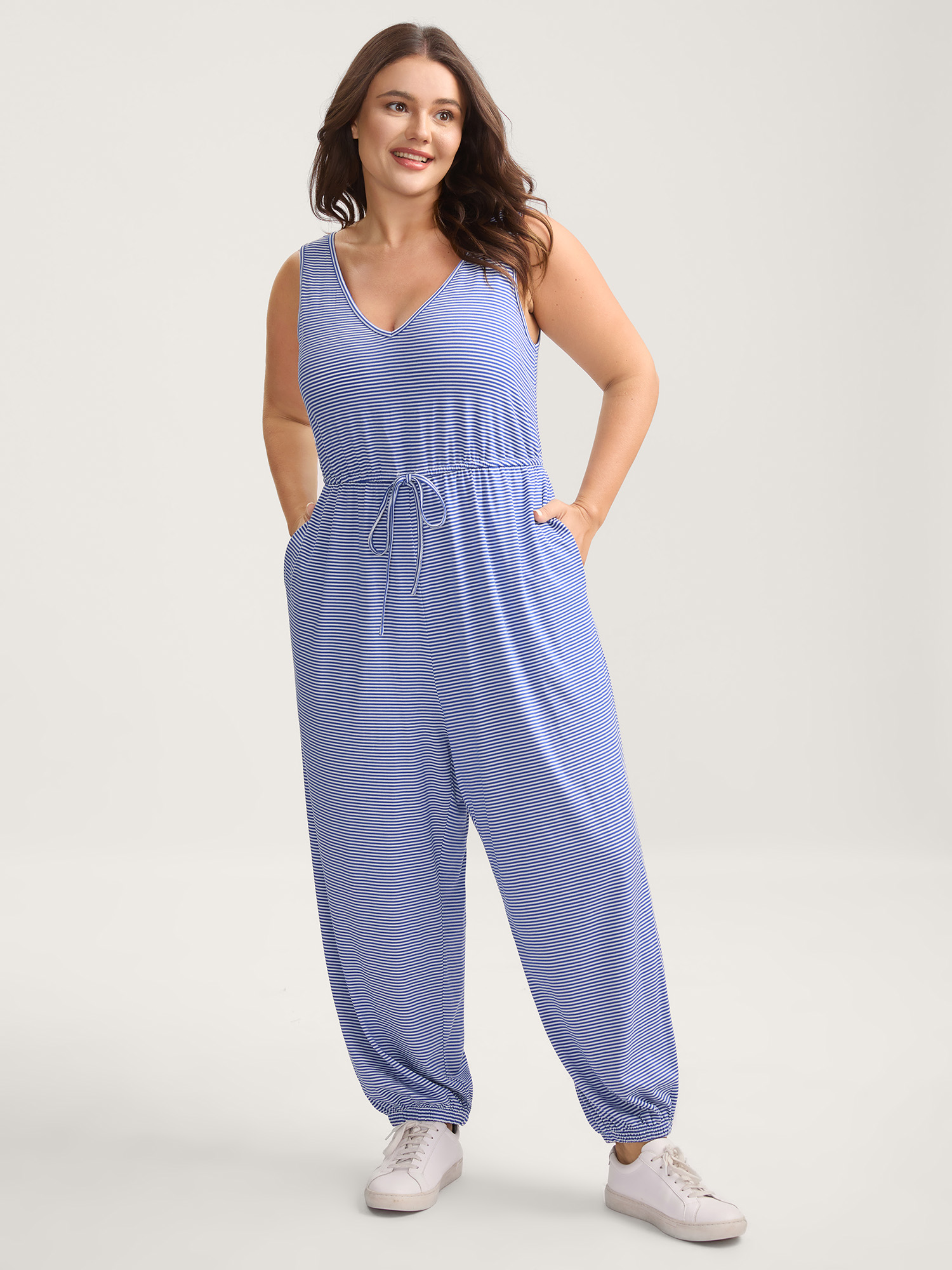 Plus Size Stripe Print Stretchy Hem Cami Jumpsuit Skyblue Slanted pocket Everyday-Casual Sleep Jumpsuits/Rompers 10/M Bloomchic