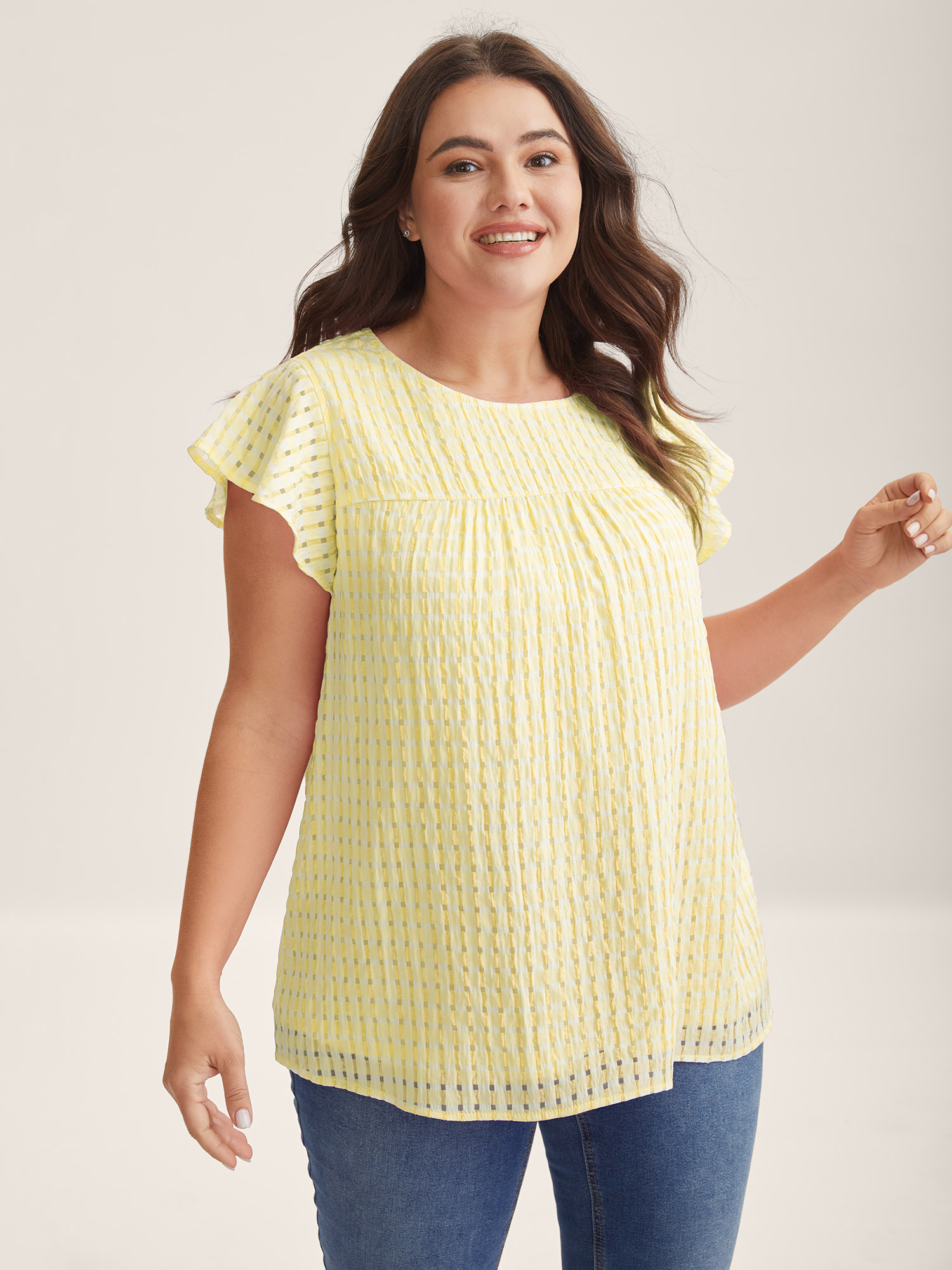BloomChic Women's Plus Size Textured Sheer Lined Flutter Sleeve Blouse PearSorbet Solid Everyday-Casual Short sleeve Round Neck 10/M