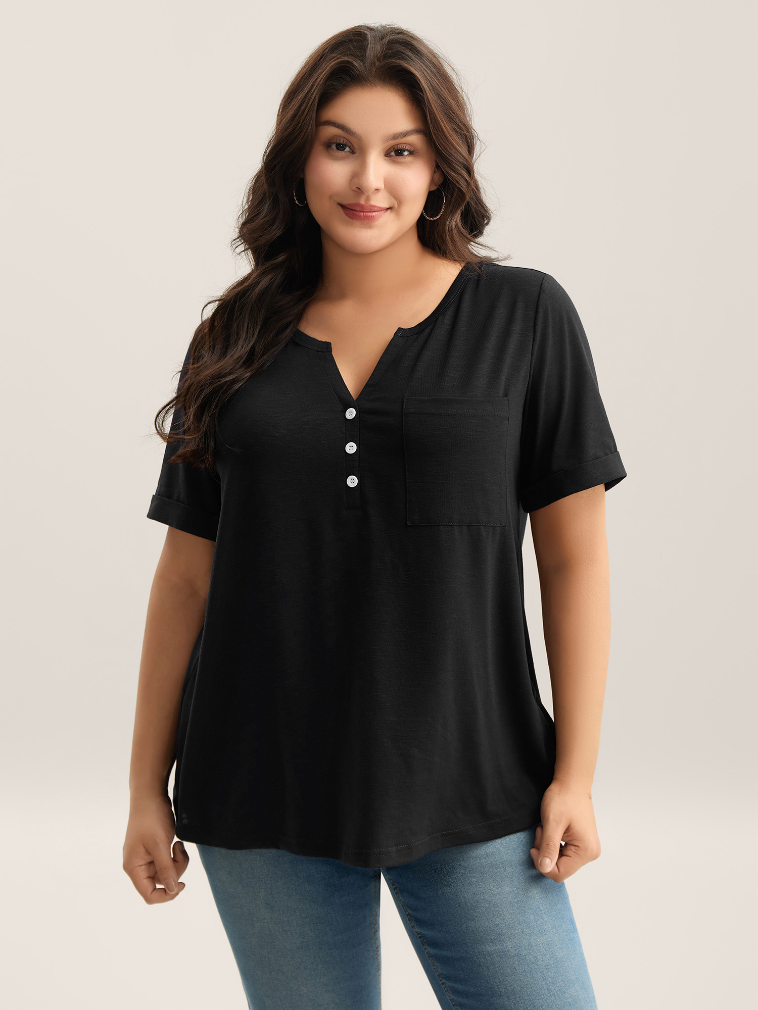 BloomChic Plus Size Solid Split Neck Button Detail T-Shirt - Women's Black Solid Round Neck Comfort Midsection Fit Long Sleeve Playful T-shirts 14/M