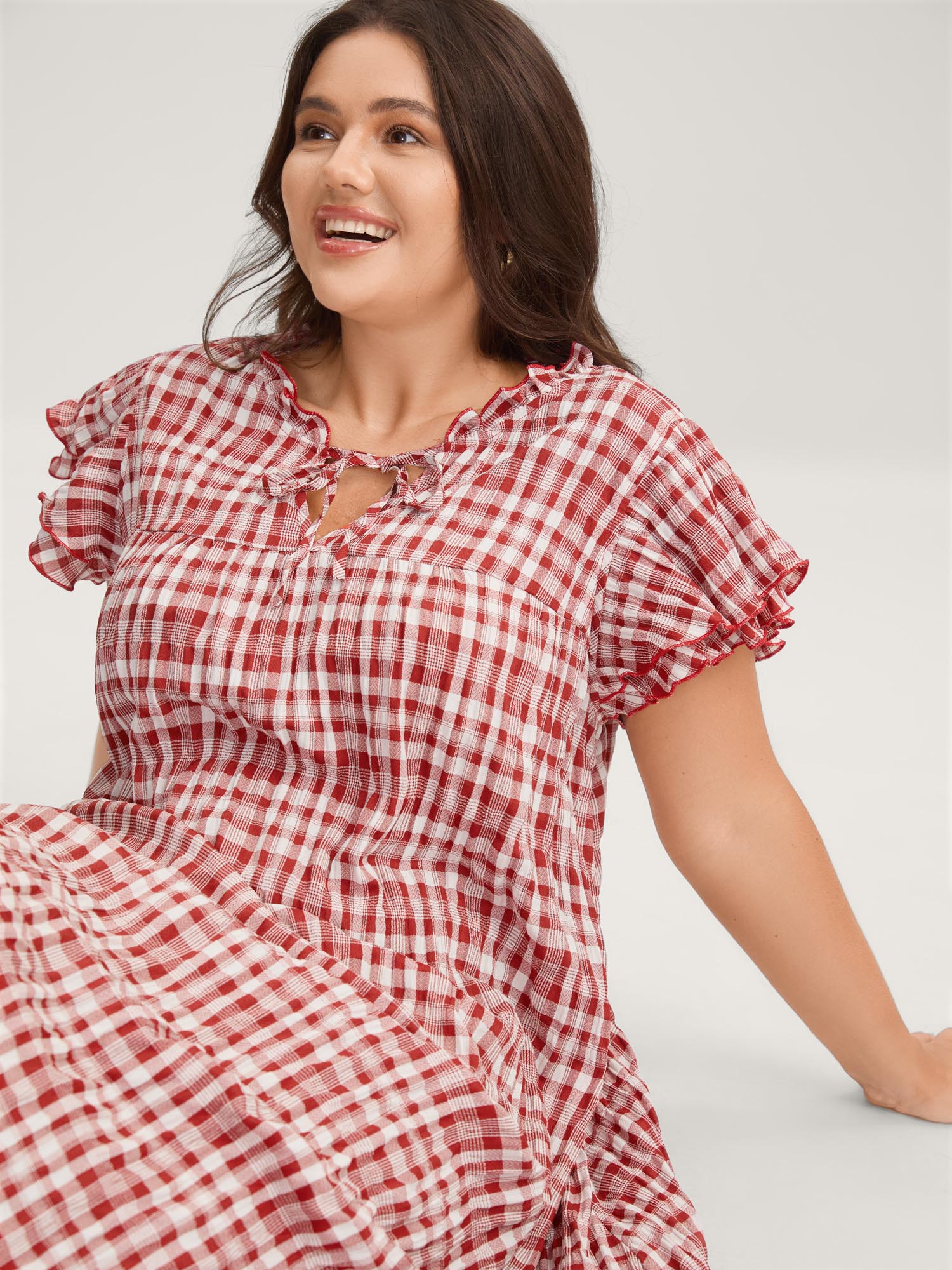 BloomChic Plus Size Sweet Plaid Pattern Pockets Mini Dress - Curve Ladies Brightred Americana Daily Cap Sleeve Plaid Hidden Pocket Daily Dresses 14/M