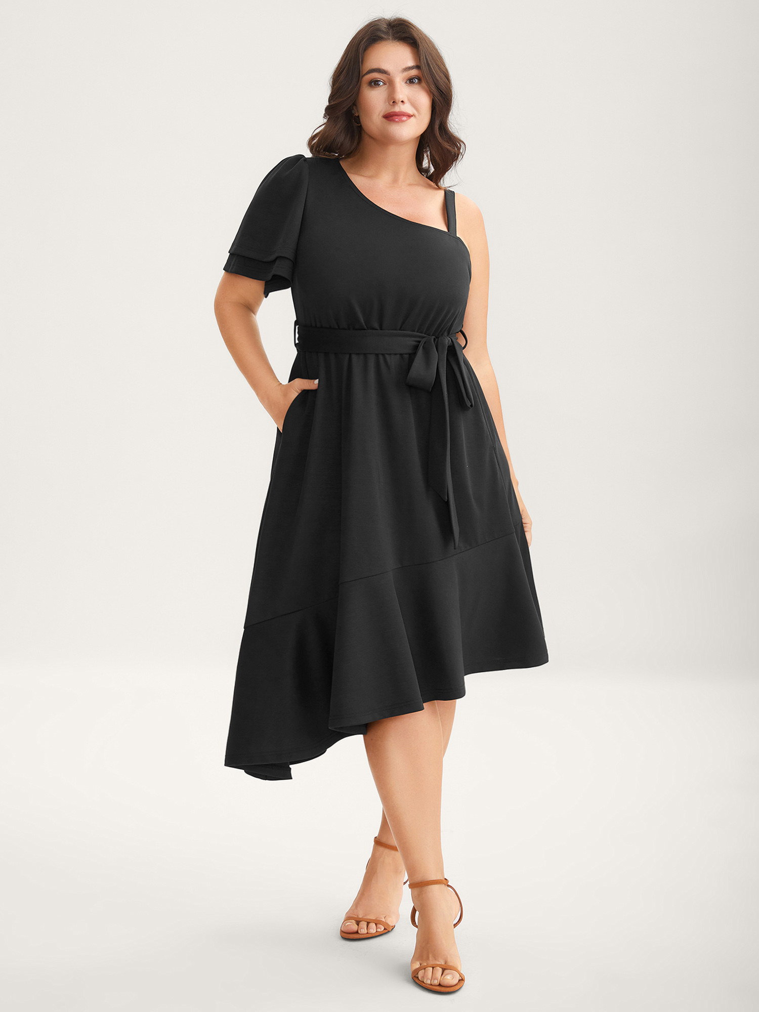 BloomChic Women's Plus Size One-Shoulder Ruffled Belted Midi Dress Black Non Midi Everyday-Elegant 22-24/3X