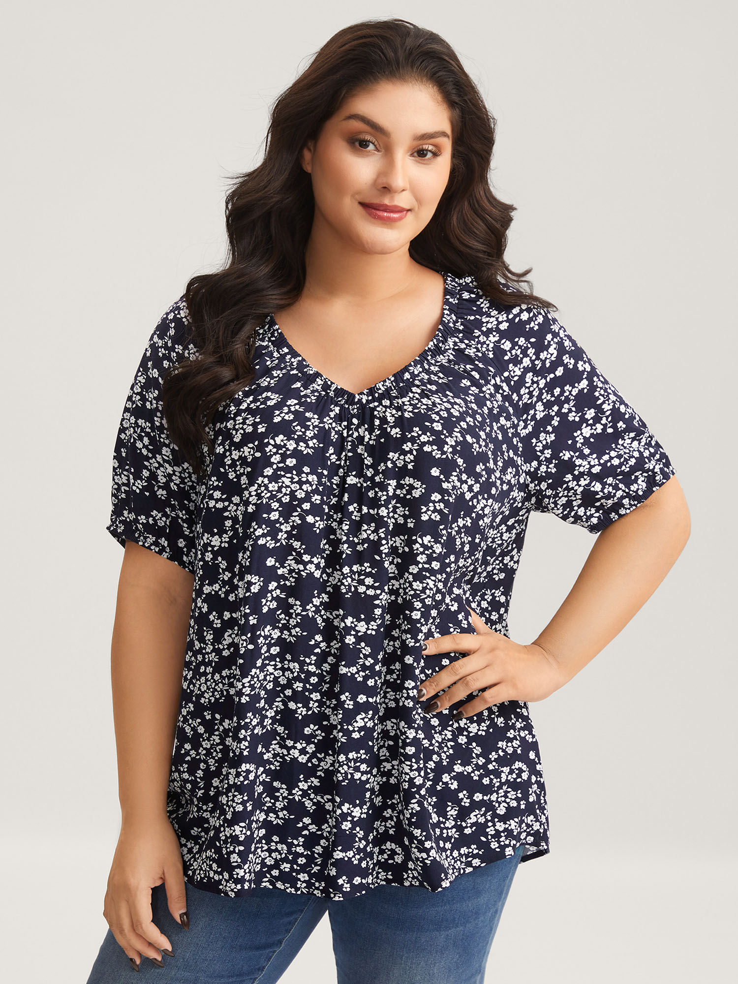 Bloomchic Women's Plus Size Supersoft Ditsy Floral Print Blouse Indigo Ditsy Floral Casual Short Sleeve V-neck In Purple