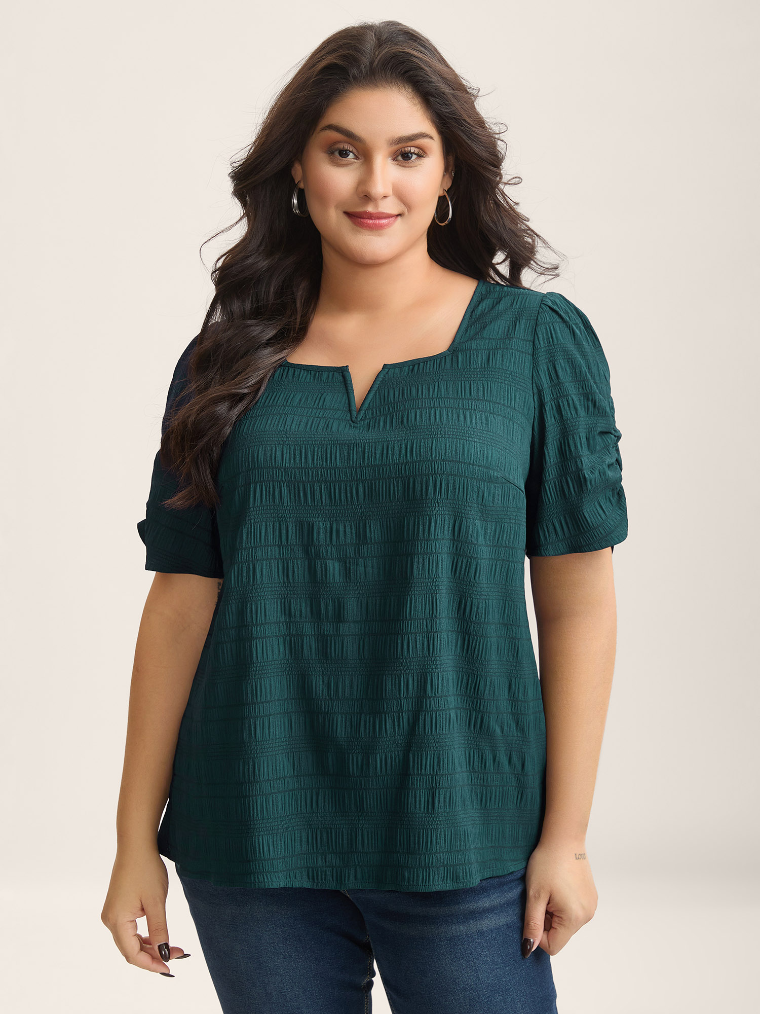 Bloomchic Women's Plus Size Textured Gathered Sleeve Split Neck Blouse Darkgreen Solid Office Short Sleeve V-n In Green
