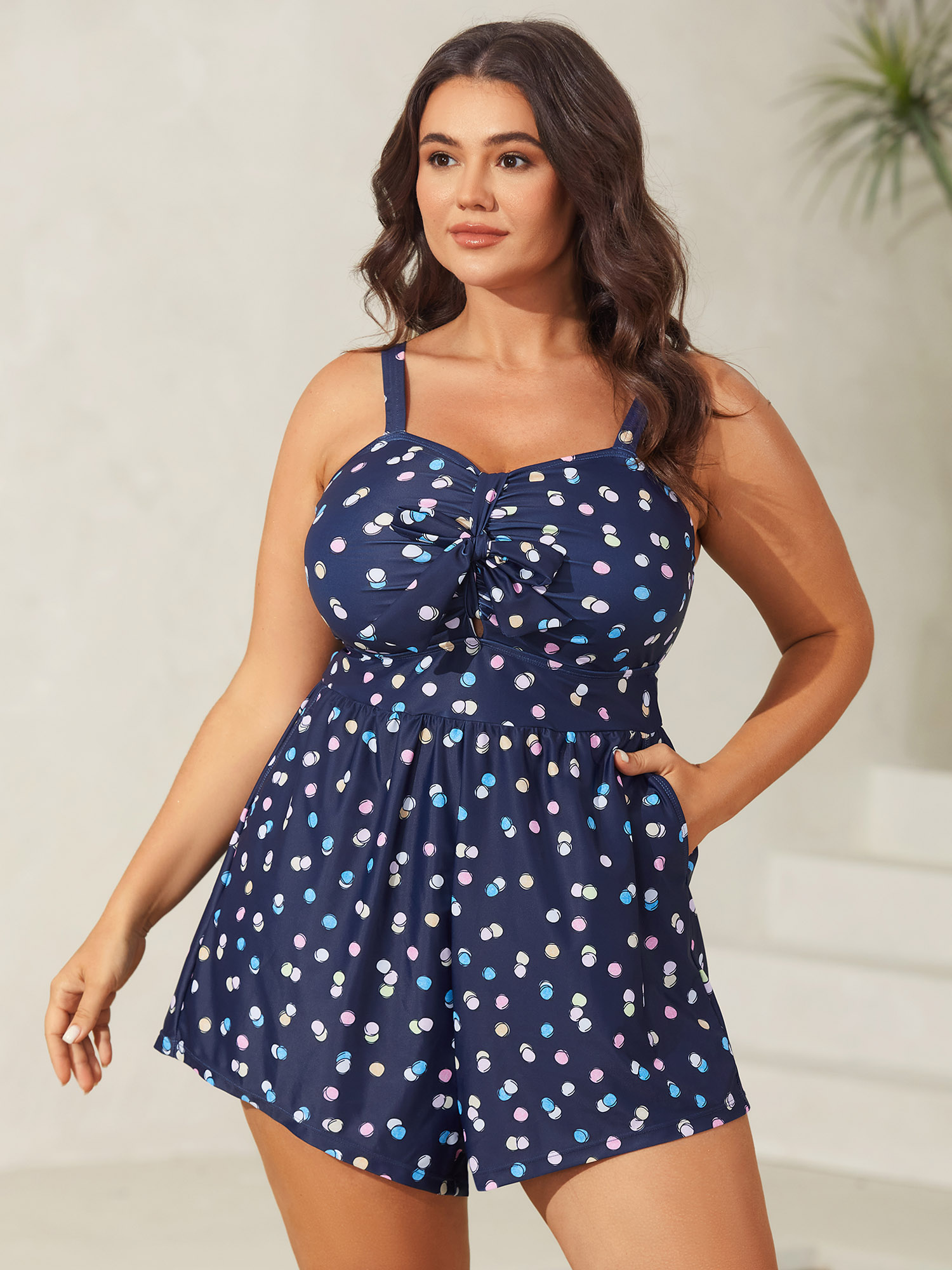 Plus Size Polka Dots Pockets One-Piece Swimsuit Women's Swimwear Mediumblue Beach Tie knot Curve Bathing Suits High stretch One Pieces BloomChic 22-24/3X
