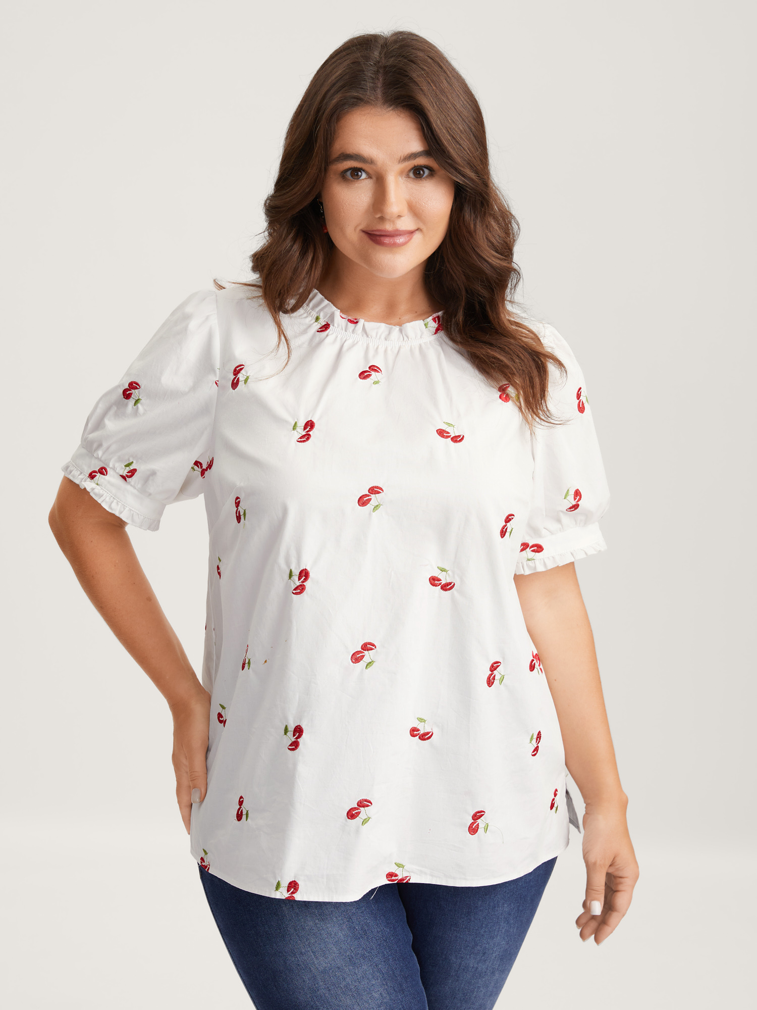 BloomChic Women's Plus Size Cotton Cherry Embroidery Ruffled Neck Blouse WhiteSmoke Fruit Everyday-Elegant Short sleeve Ruffle Trim Neck 12/L