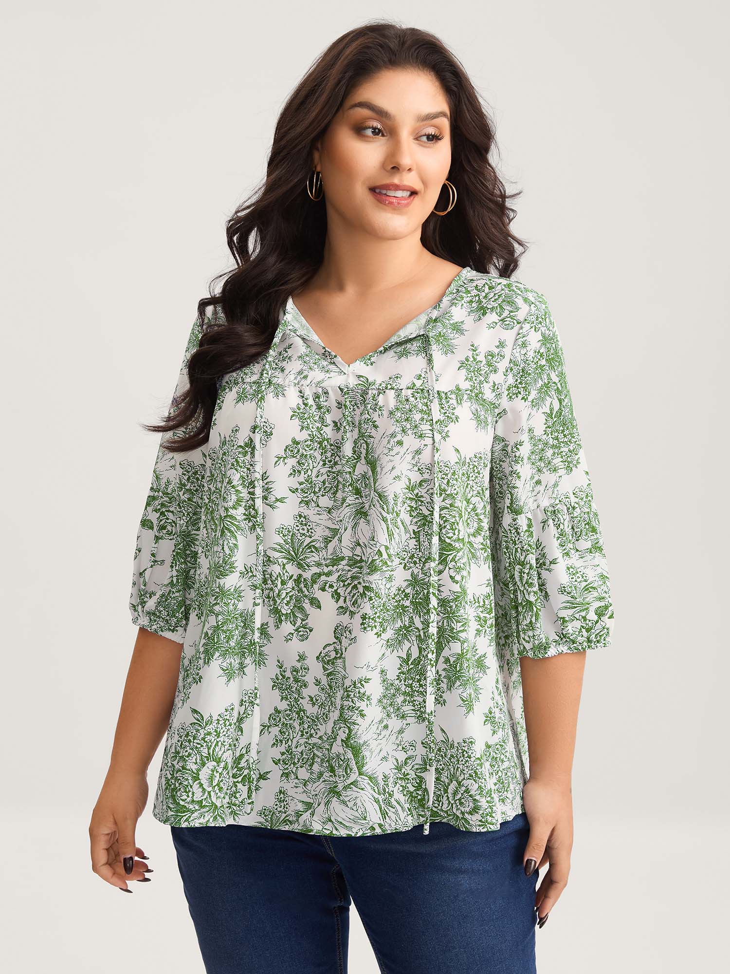 Bloomchic Women's Plus Size Artistic Print A-line Blouse Truegreen Floral Elegant 3/4 Sleeve V-neck 10/m
