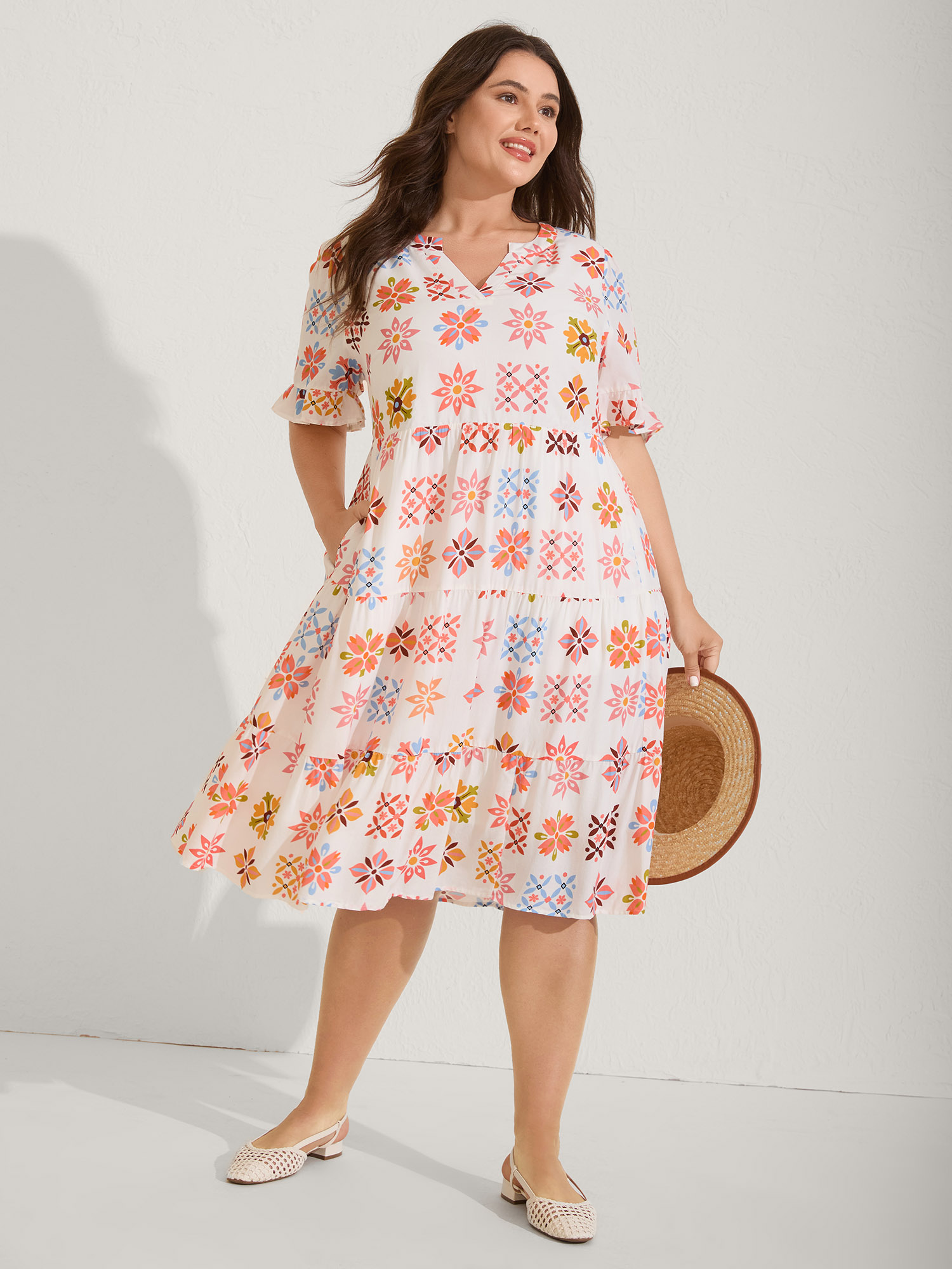 BloomChic Women's Plus Size Handmade Block Print Tiered Mini Dress OrangeRed Ethnic Floral Midi Vacation Non 10/M