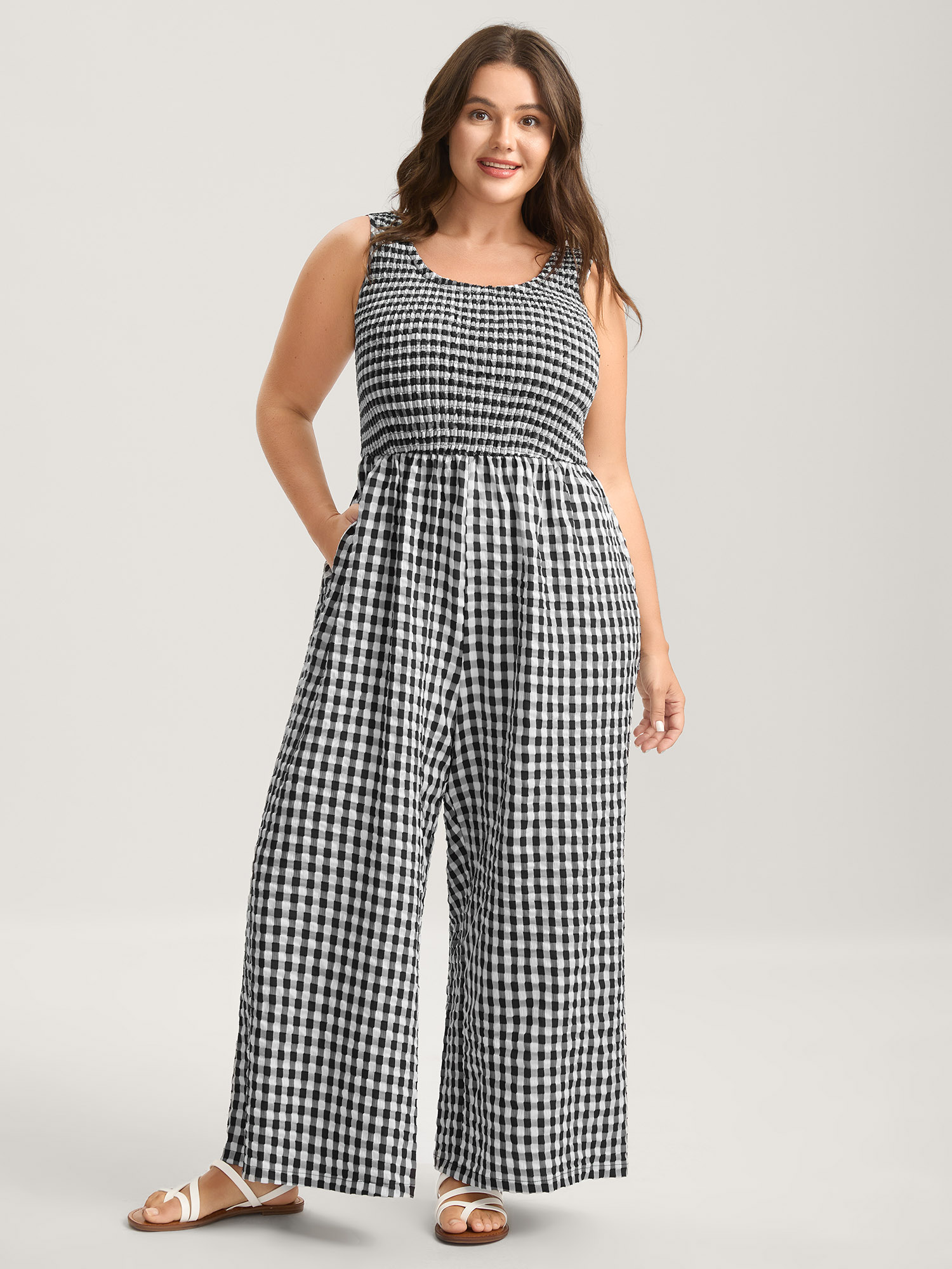 BloomChic Plus Size Gingham Print Shirred Straight-Leg Jumpsuit - Curve Women's Black Playsuit - Tummy Control Side Pocket Straight fit Jumpsuits 26-28/3X