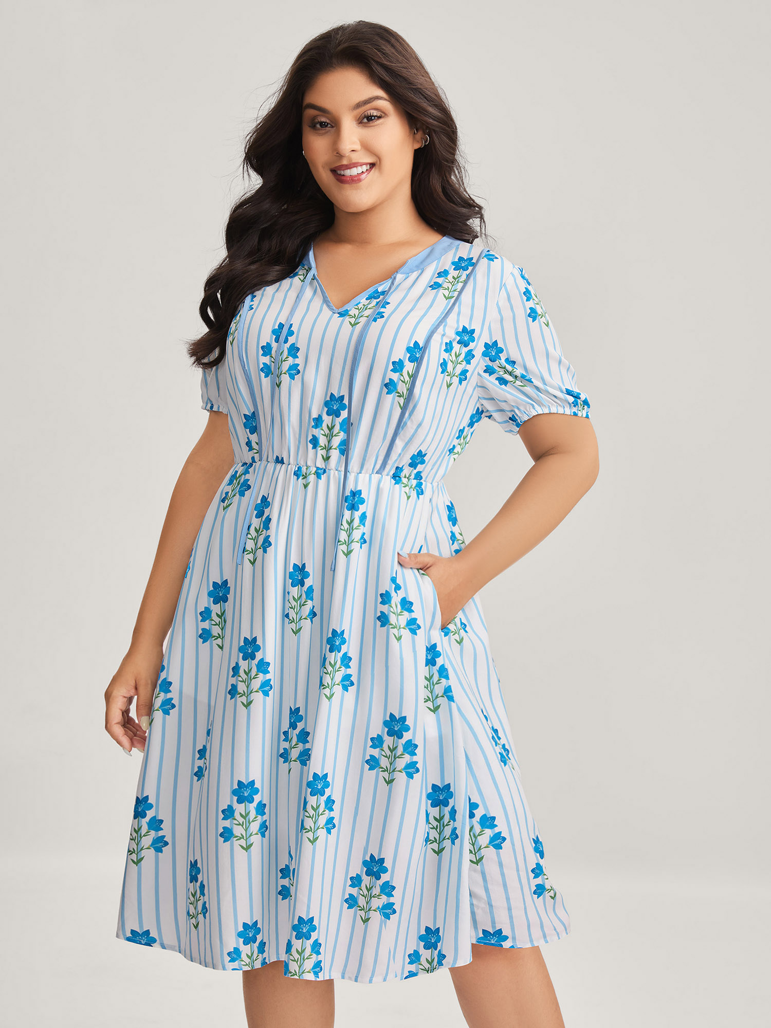 BloomChic Women's Plus Size Stripe Floral Notched Neck Tie Midi Dress Skyblue Stripes Knee Everyday-Casual 10/M