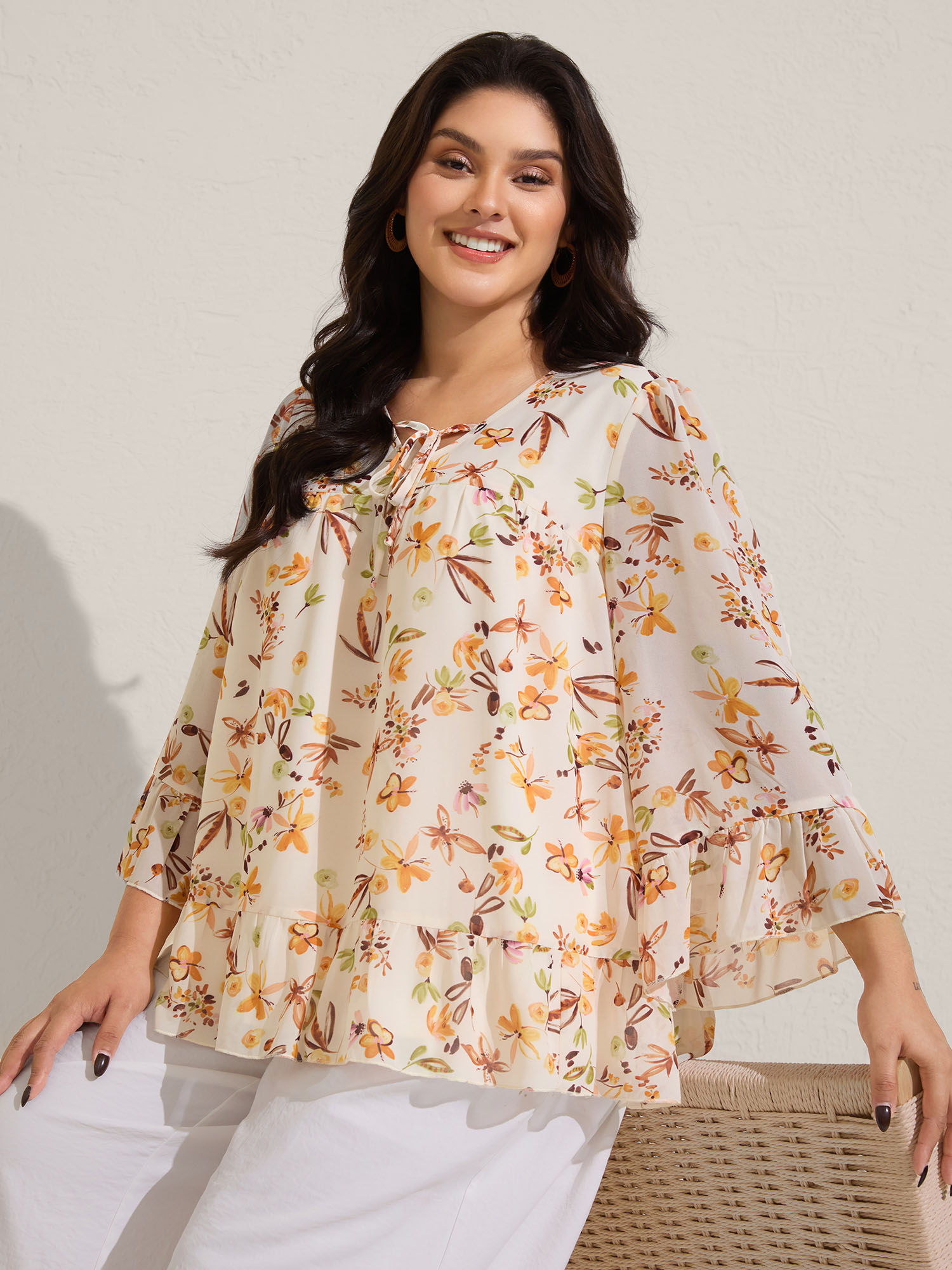 BloomChic Women's Plus Size Floral Chiffon Ruffled Tie Blouse Amber Floral Vacation Three-quarter Length Sleeve 12/L