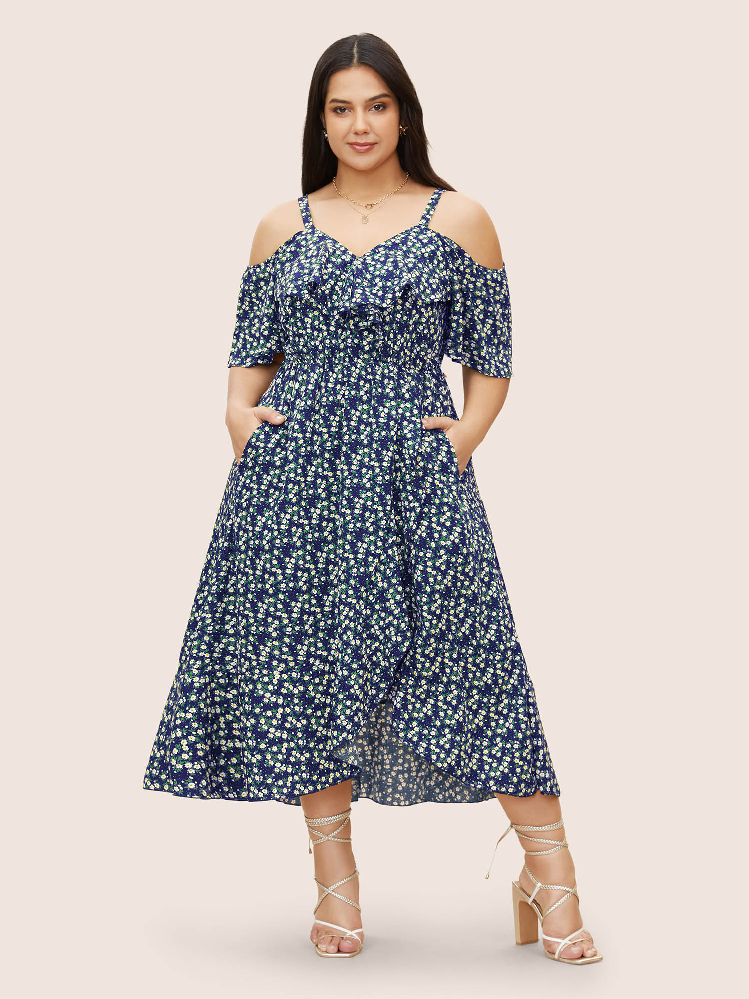 BloomChic Women's Plus Size Ditsy Floral Pocket Wrap Cold Shoulder Ruffle Dress Navy Ditsy Floral Midi Everyday-Elegant Cold Shoulder 30/6X