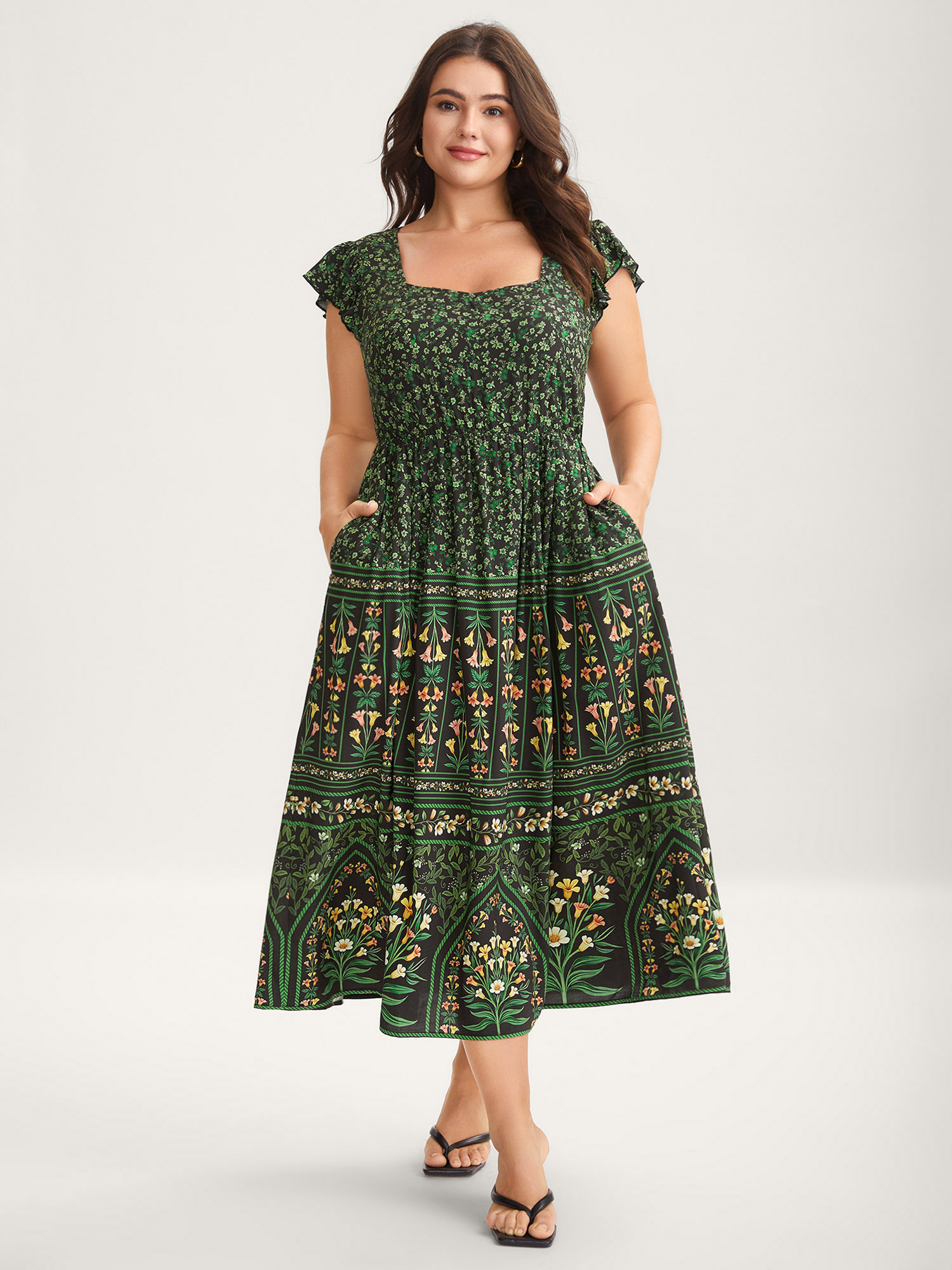 BloomChic Women's Plus Size Rayon Garden Fresh Ruffled Sleeve Midi Dress DarkGreen Ethnic Floral Midi Vacation Ruffles 10/M