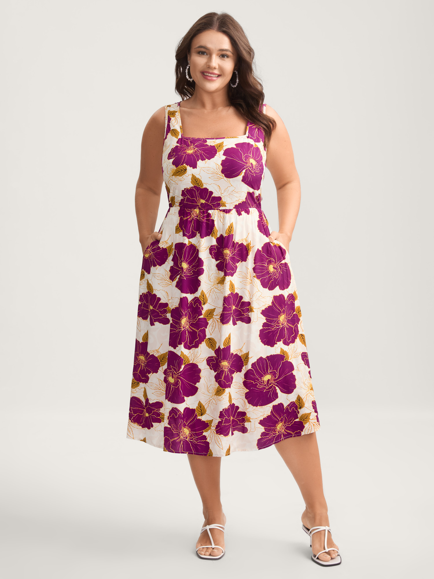 BloomChic Plus Size Large Floral Print Pockets Midi Dress - Curve Ladies Peach Elegant Sleeveless Floral Side Pocket Daily Dresses 22-24/2X