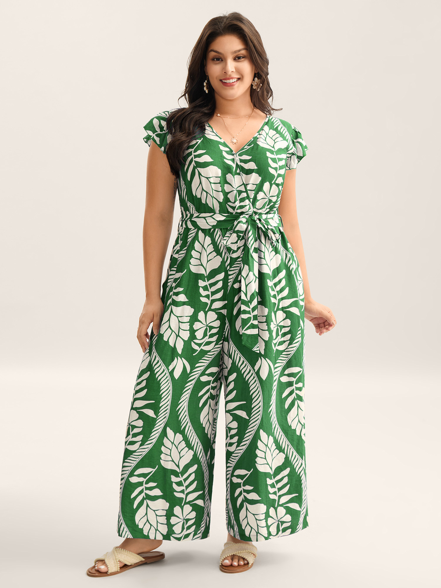 BloomChic Plus Size Large Floral Print Pockets Jumpsuit - Curve Women's DarkGreen Playsuit - Side Pocket Wide leg Jumpsuits 34/6X
