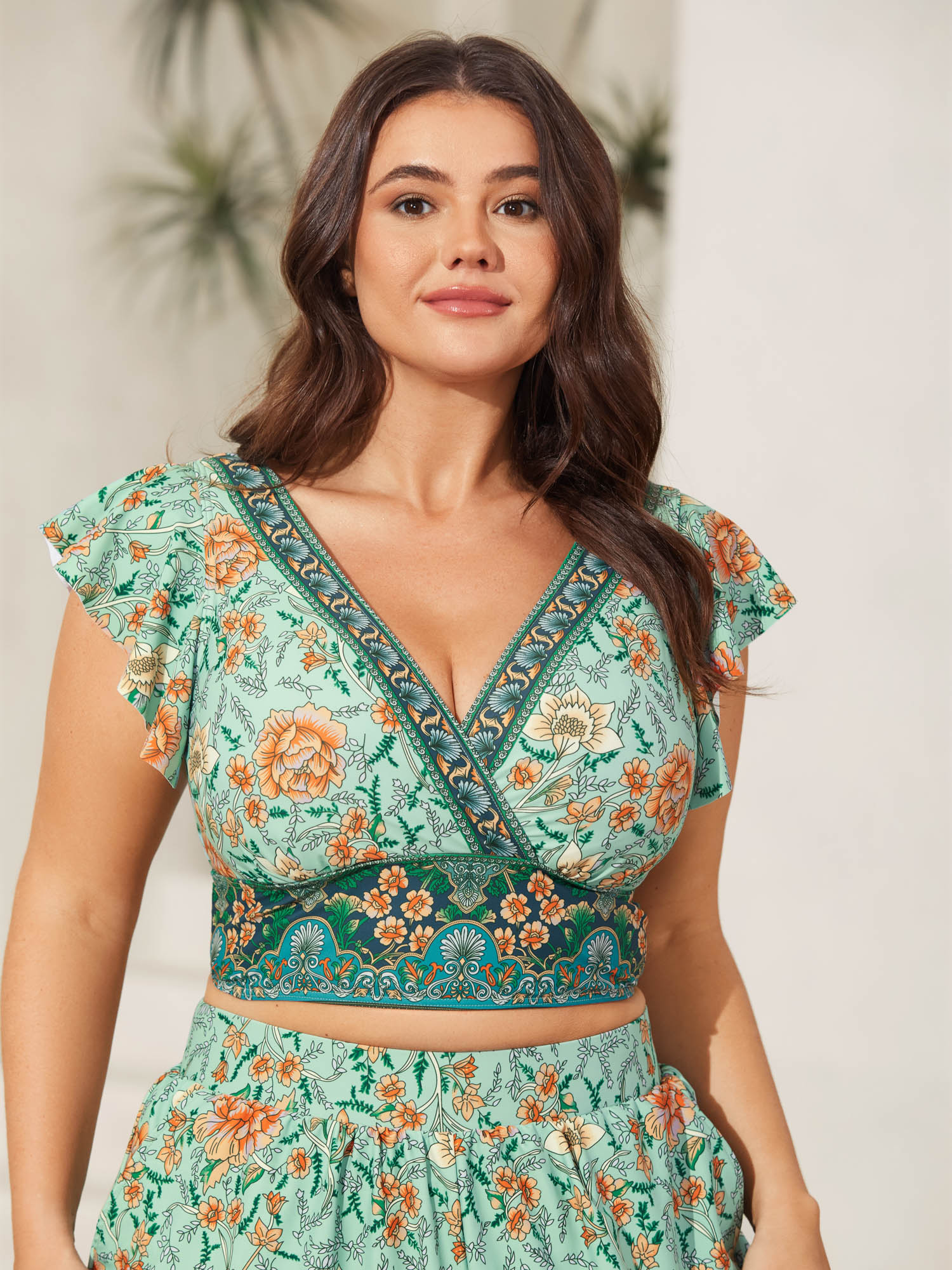 BloomChic Women's Plus Size Breezy Floral Print Ruffled Swim Top Mint Floral Sleeveless Non 12/L