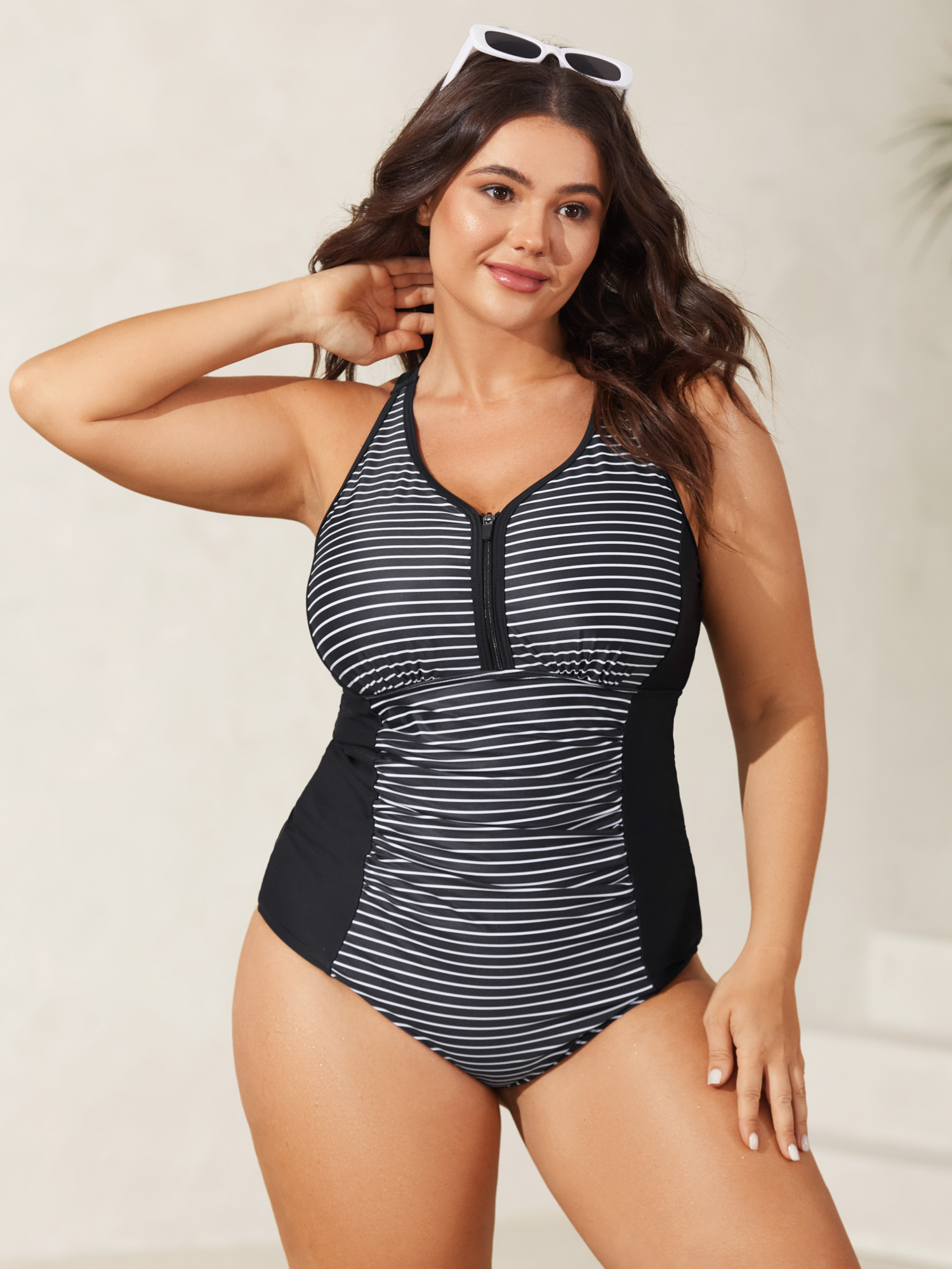 Plus Size Stripes Color Contrast One-Piece Swimsuit Women's Swimwear Black Beach Contrast Curve Bathing Suits High stretch One Pieces BloomChic 10/M