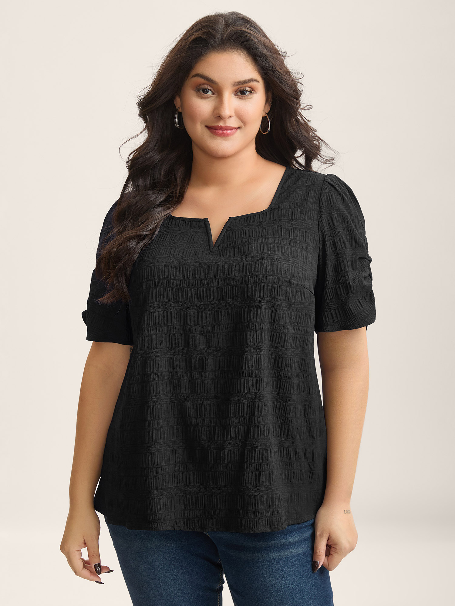 Bloomchic Women's Plus Size Textured Gathered Sleeve Split Neck Blouse Black Solid Office Short Sleeve V-notch