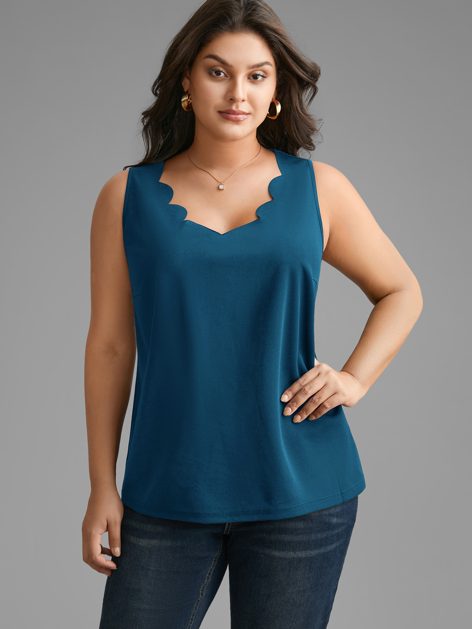 BloomChic Women's Plus Size Solid V Neck Laser Cut Tank Top Blue Sapphire Everyday-Elegant A-line V-Neck 10/M