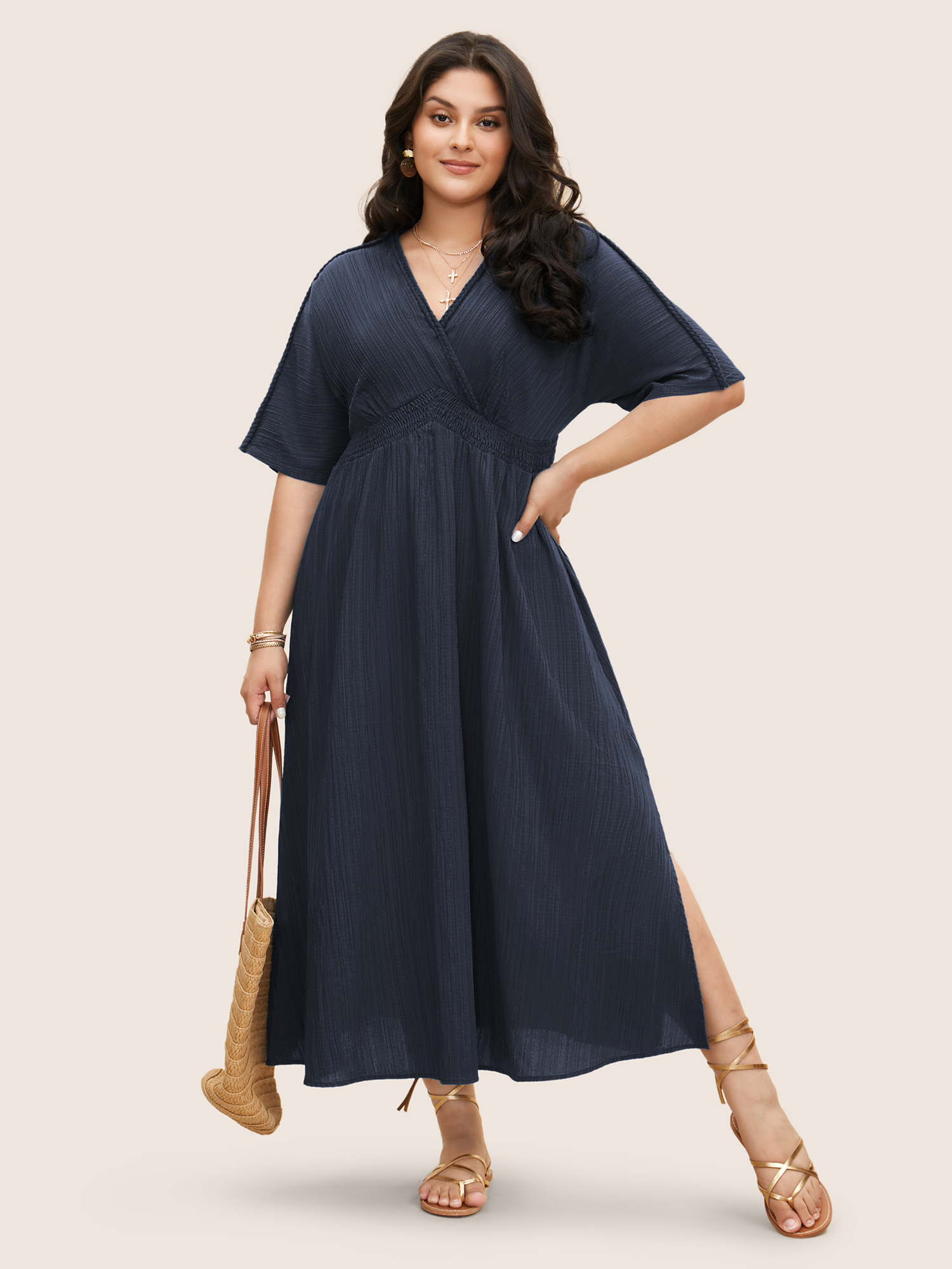 BloomChic Plus Size V Neck Shirred Contrast Webbing Split Side Dress - Curve Ladies DarkBlue Resort Half Sleeve Solid Side seam pocket Daily Dresses 16/L