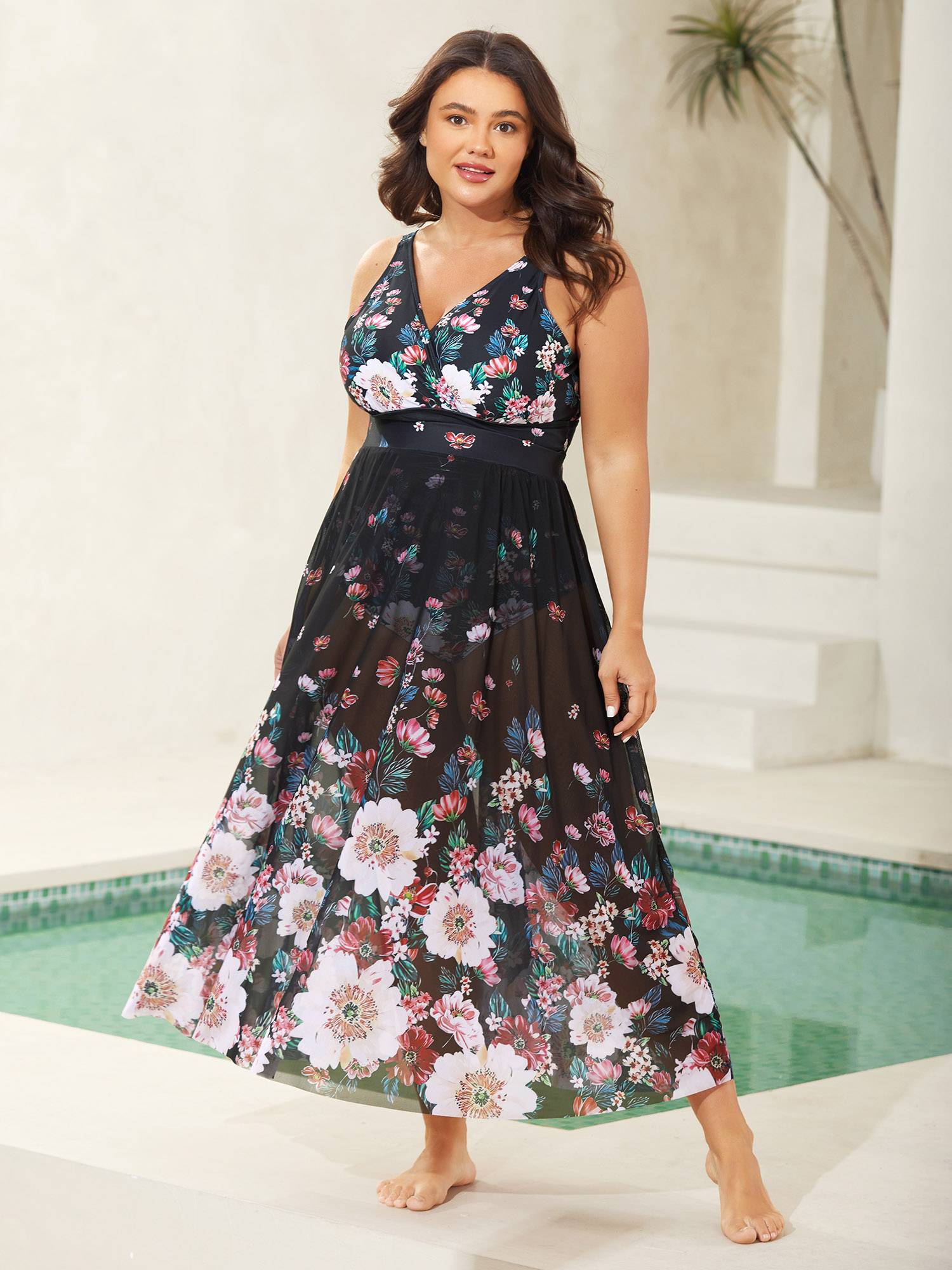 Plus Size Two-Piece Floral Print Sarong, Swimsuit Women's Swimwear Black Beach Curve Bathing Suits High stretch One Pieces BloomChic 10/M
