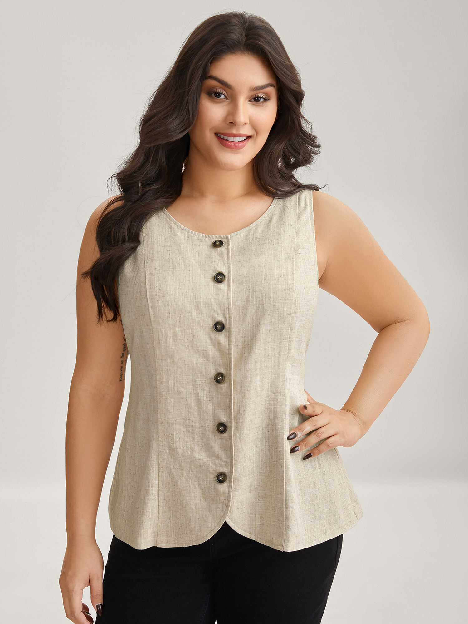 BloomChic Women's Plus Size Linen Buttons Slim Fit Adjustable Vest Ivory Button Front 18-20/2X-image-46840751390890