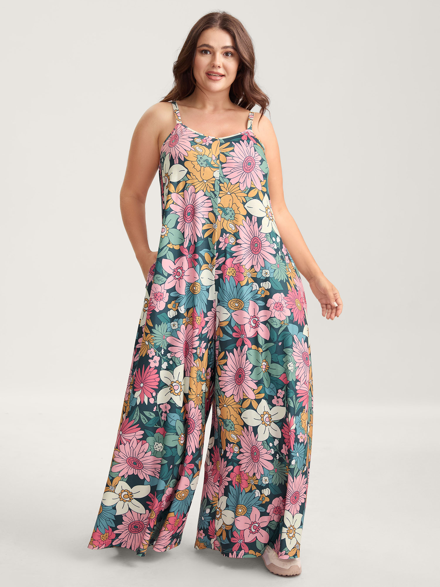 BloomChic Plus Size Stretchy Vivid Groove Floral Wide Leg Jumpsuit - Curve Women's DarkGreen Playsuit - Side Pocket Wide leg Jumpsuits 14/M