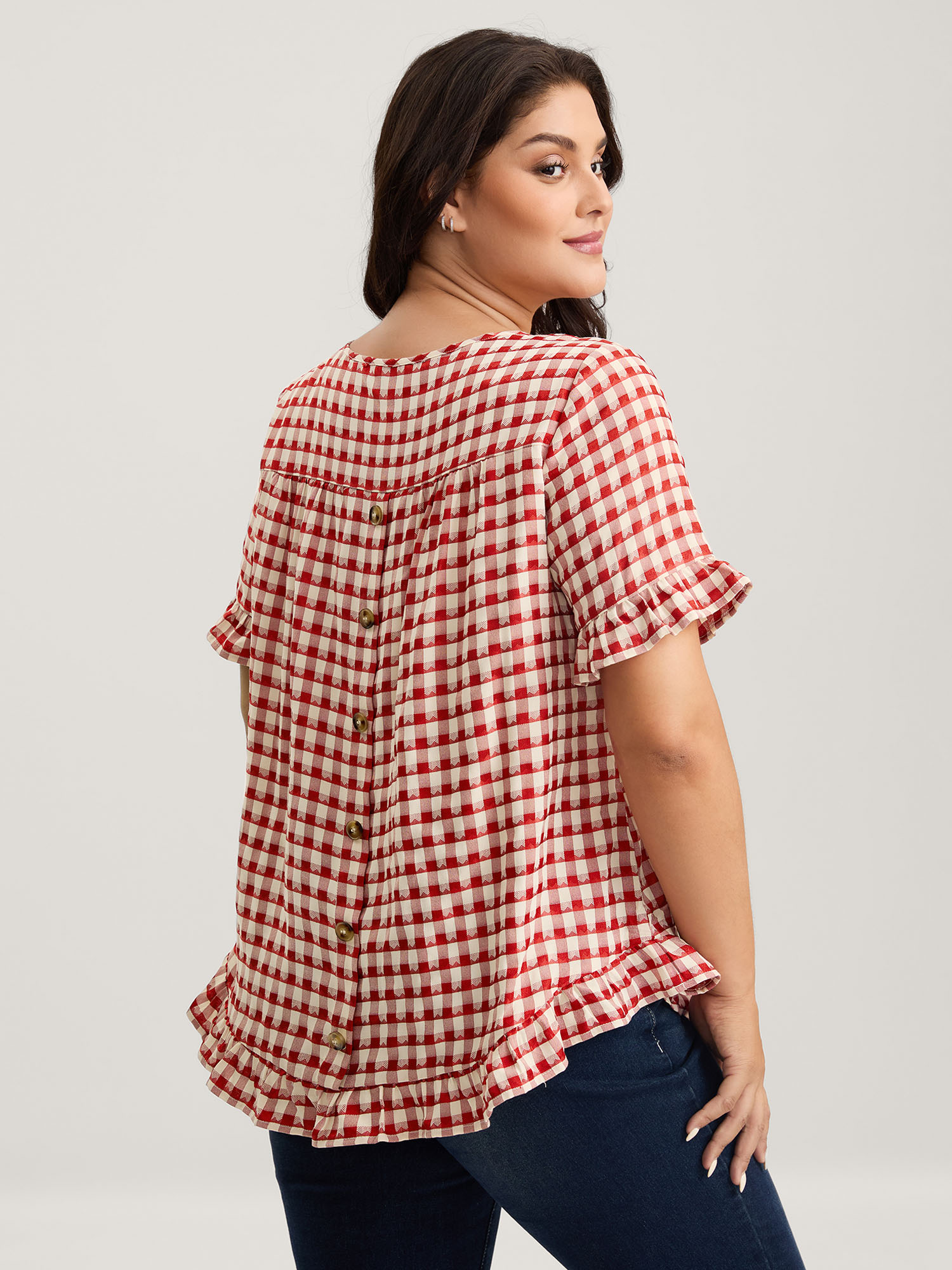 BloomChic Plus Size Gingham Print Button Back Blouse - Women's Brightred Plaid Round Neck Short sleeve Americana Daily Blouses 14/M