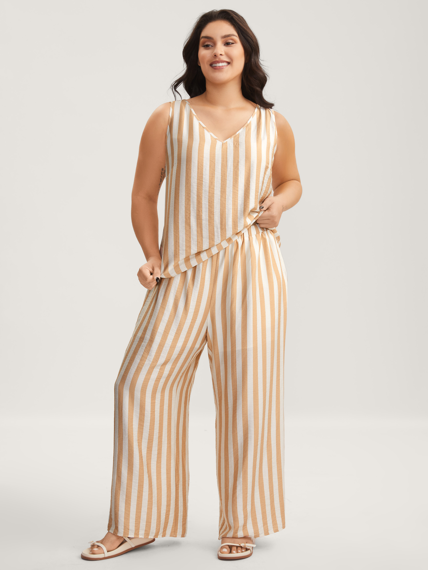 Image of Plus Size Striped Button Detail Co-Ord Set Lightyellow Women Everyday-Casual Button No stretch Sleeveless Sleeveless Non 10/M Side seam pocket Two-Piece sets BloomChic