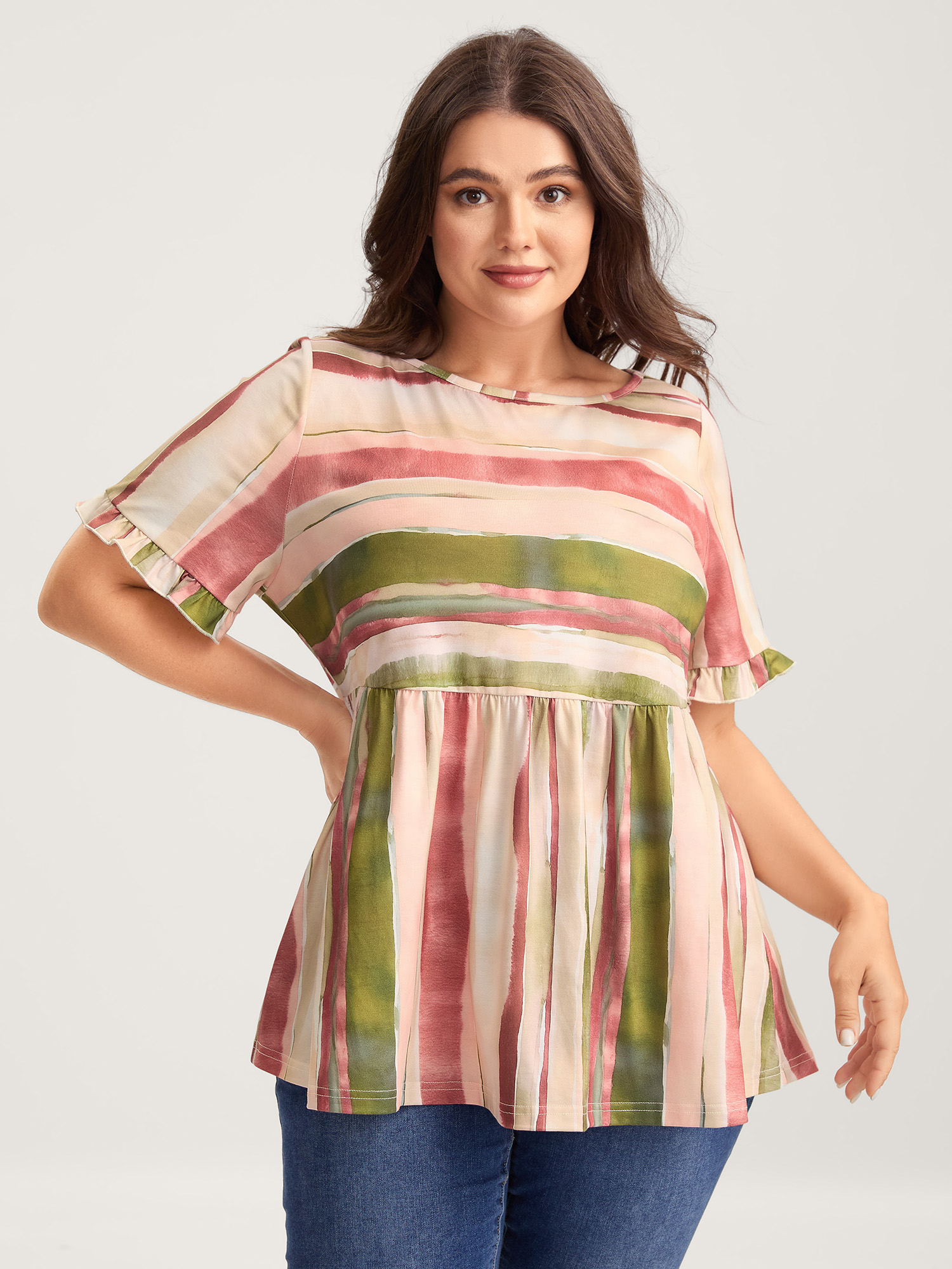 BloomChic Women's Plus Size Asymmetrical Stripes Ruffled Knit Top Multicolor Short sleeve Everyday-Casual 10/M