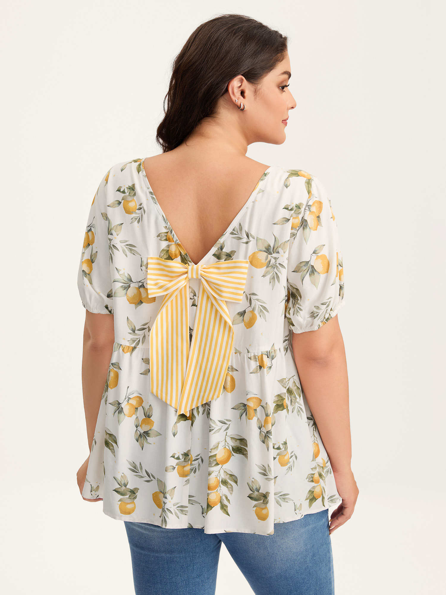 BloomChic Women's Plus Size Citrus Print Bow Backless Blouse Apricot Fruit Everyday-Casual Short sleeve Round Neck 10/M