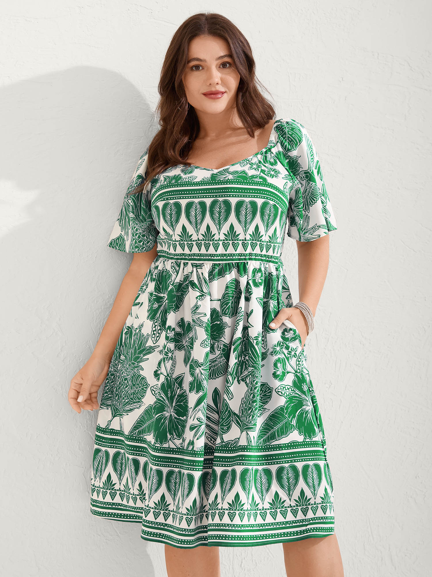 BloomChic Women's Plus Size Boho Print Fit Flare Pockets Mini Dress Truegreen Tropical Mini Vacation Smocked 30/6X