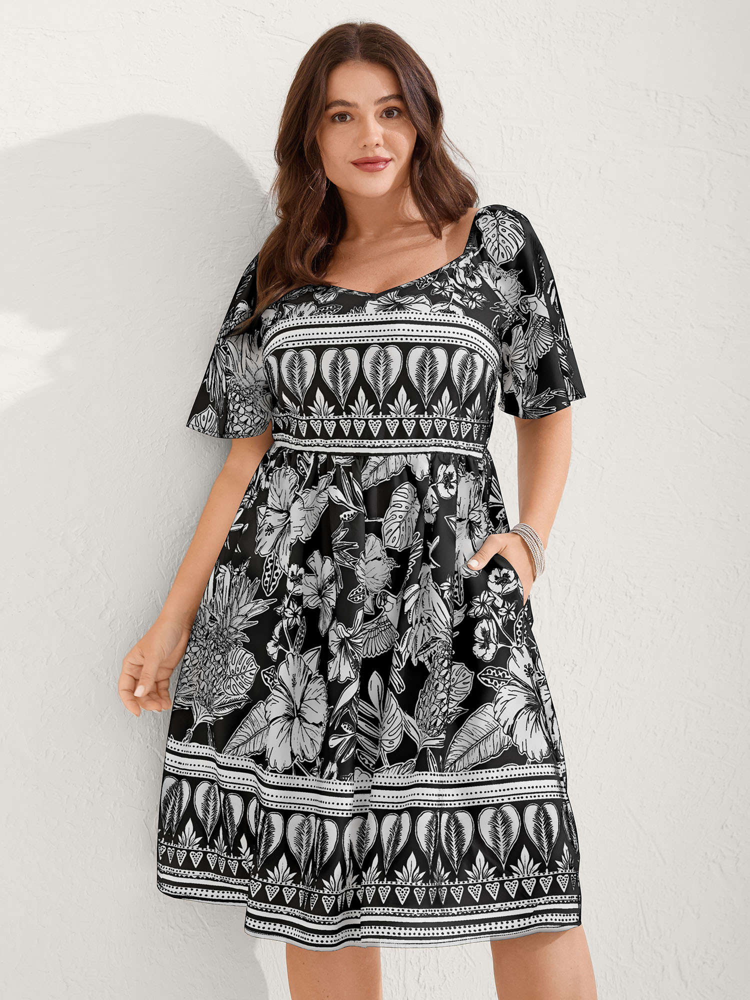 BloomChic Women's Plus Size Boho Print Fit Flare Pockets Mini Dress Black Tropical Mini Vacation Smocked 12/L
