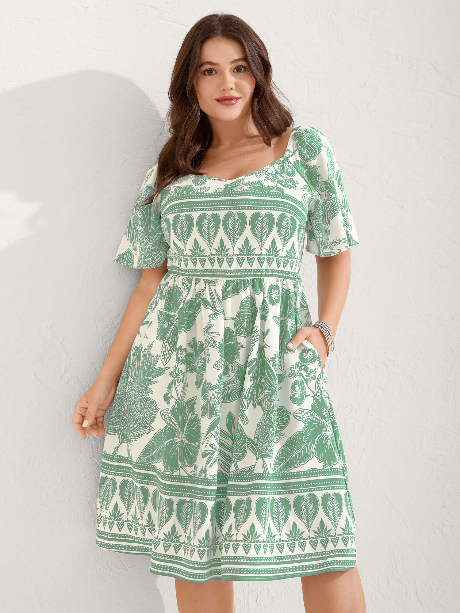 BloomChic Women's Plus Size Boho Print Fit Flare Pockets Mini Dress Mint Tropical Mini Vacation Smocked 22-24/3X