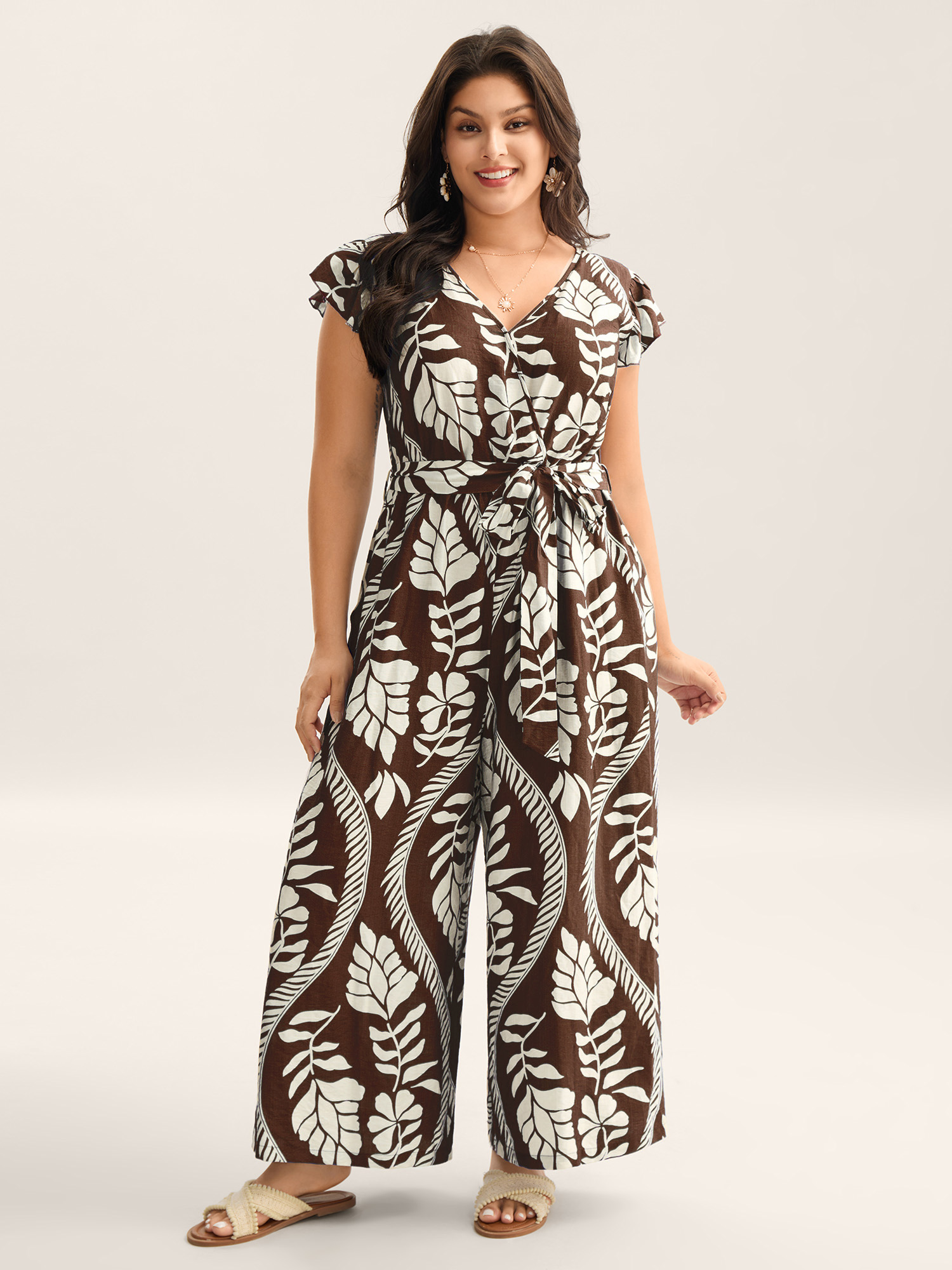 BloomChic Plus Size Large Floral Print Pockets Jumpsuit - Curve Women's DarkBrown Playsuit - Side Pocket Wide leg Jumpsuits 14/M