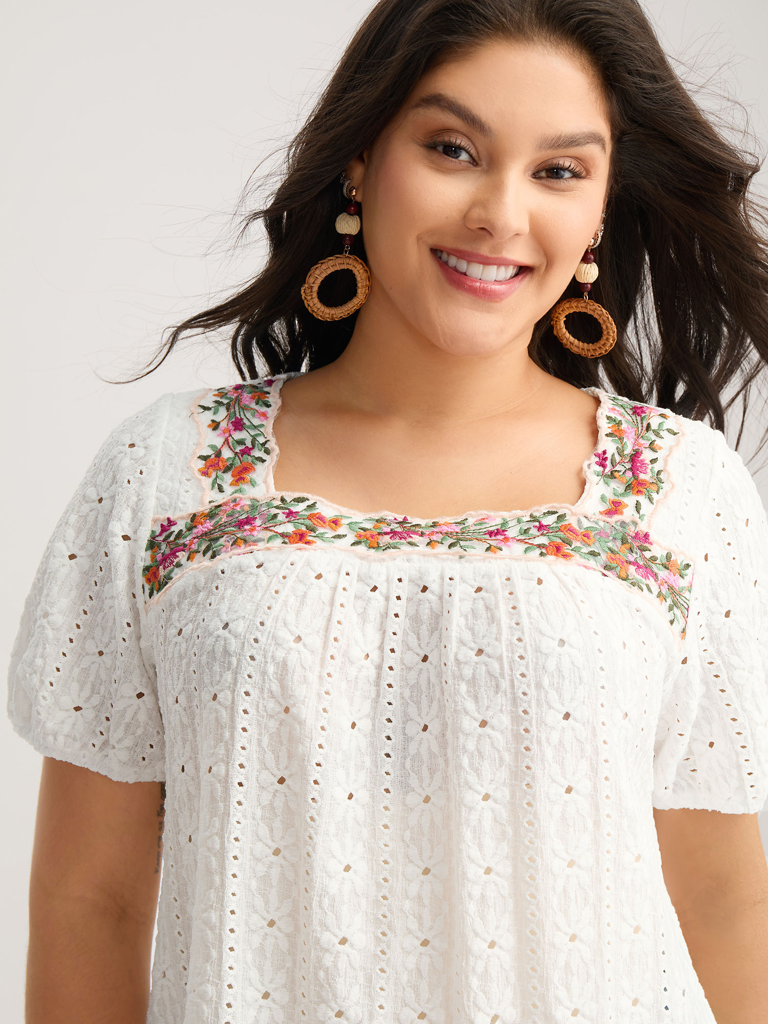 BloomChic Plus Size Eyelet Trim Floral Embroidered Solid T-Shirt - Women's Opticwhite Solid Round Neck Comfort Midsection Fit Long Sleeve Playful T-shirts 16/L