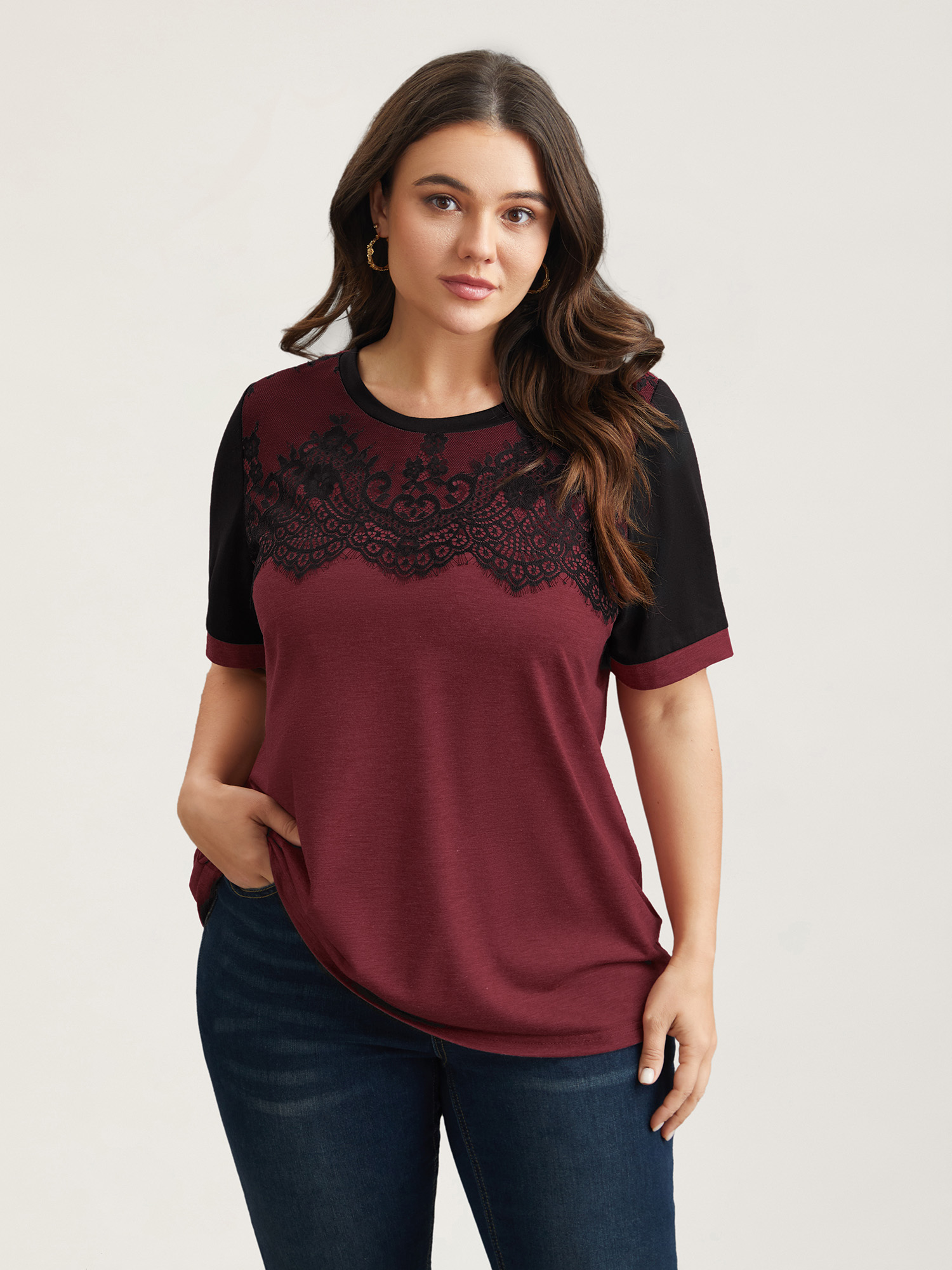 BloomChic Plus Size Stretchy Scalloped Lace Color Contrast T-Shirt - Women's Burgundy Solid Round Neck Comfort Midsection Fit Long Sleeve Playful T-shirts 14/M