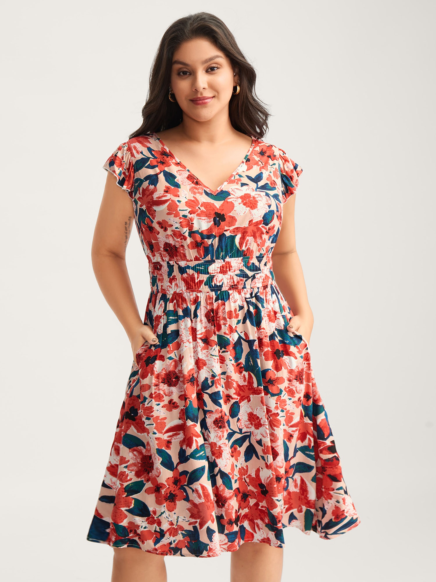 BloomChic Plus Size Floral Three-Layered Stretchy Waist Mini Dress - Curve Ladies Coral Elegant Cap Sleeve Floral Side Pocket Daily Dresses 22-24/2X