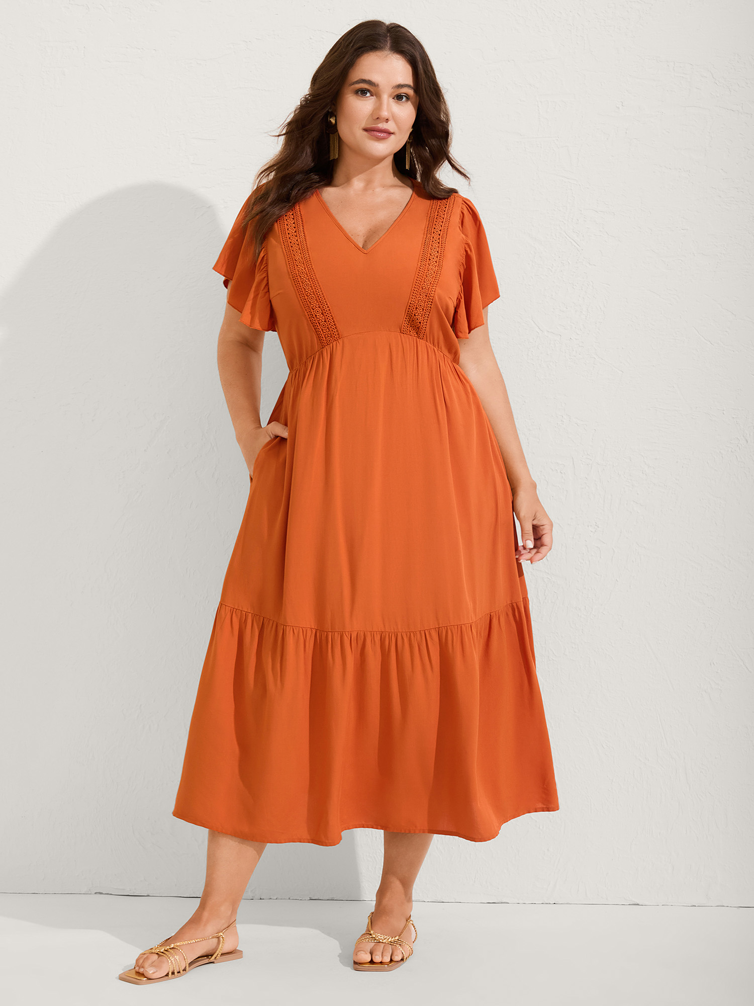 BloomChic Women's Plus Size Rayon Stretchy Waist Lace Midi Dress OrangeRed Synthetic texture Midi Vacation 30/6X