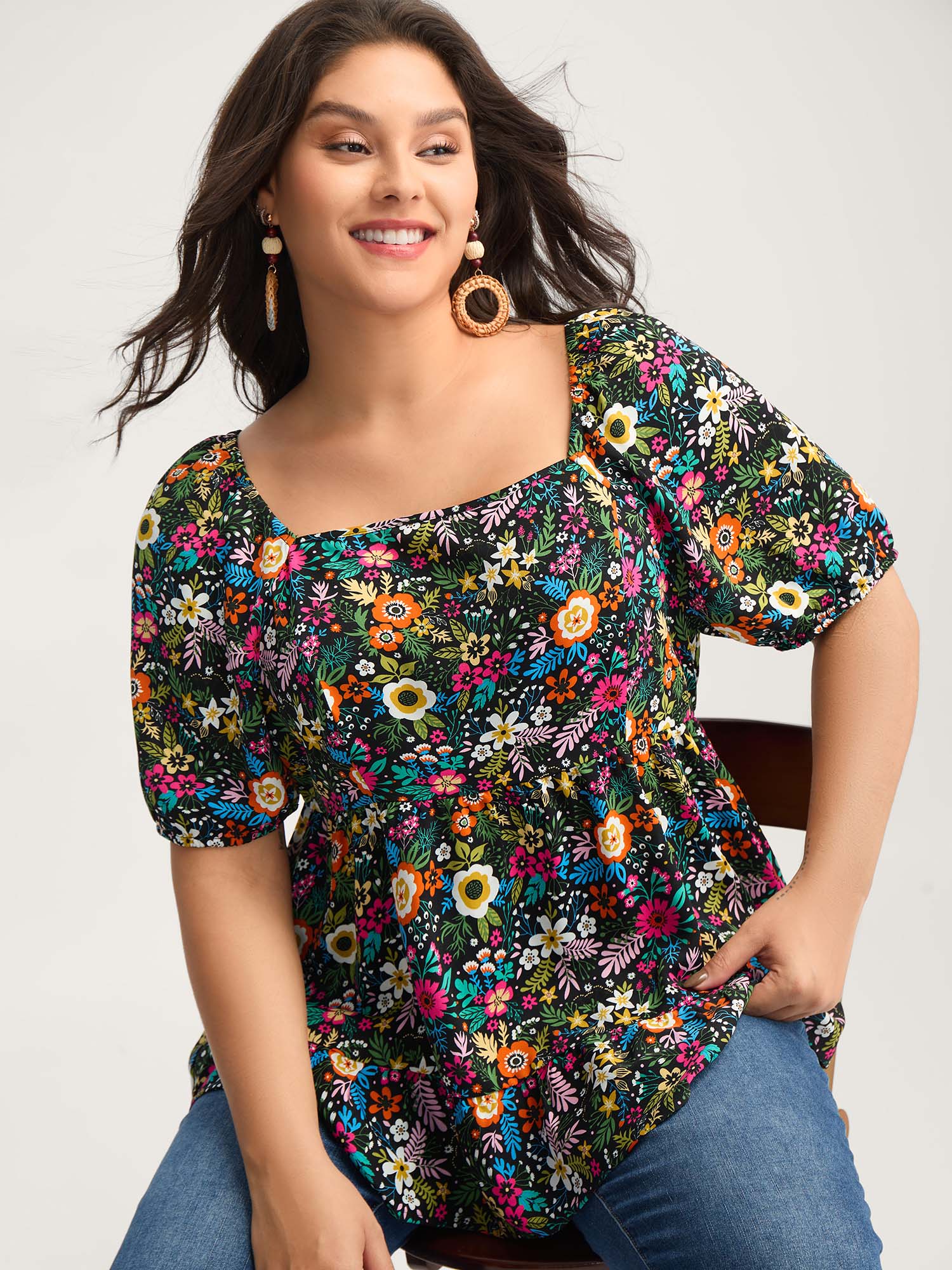 BloomChic Plus Size Floral Square Neck Fit and Flare Blouse - Women's BlackFlower Floral Square Neck Short sleeve Americana Daily Blouses 26-28/3X